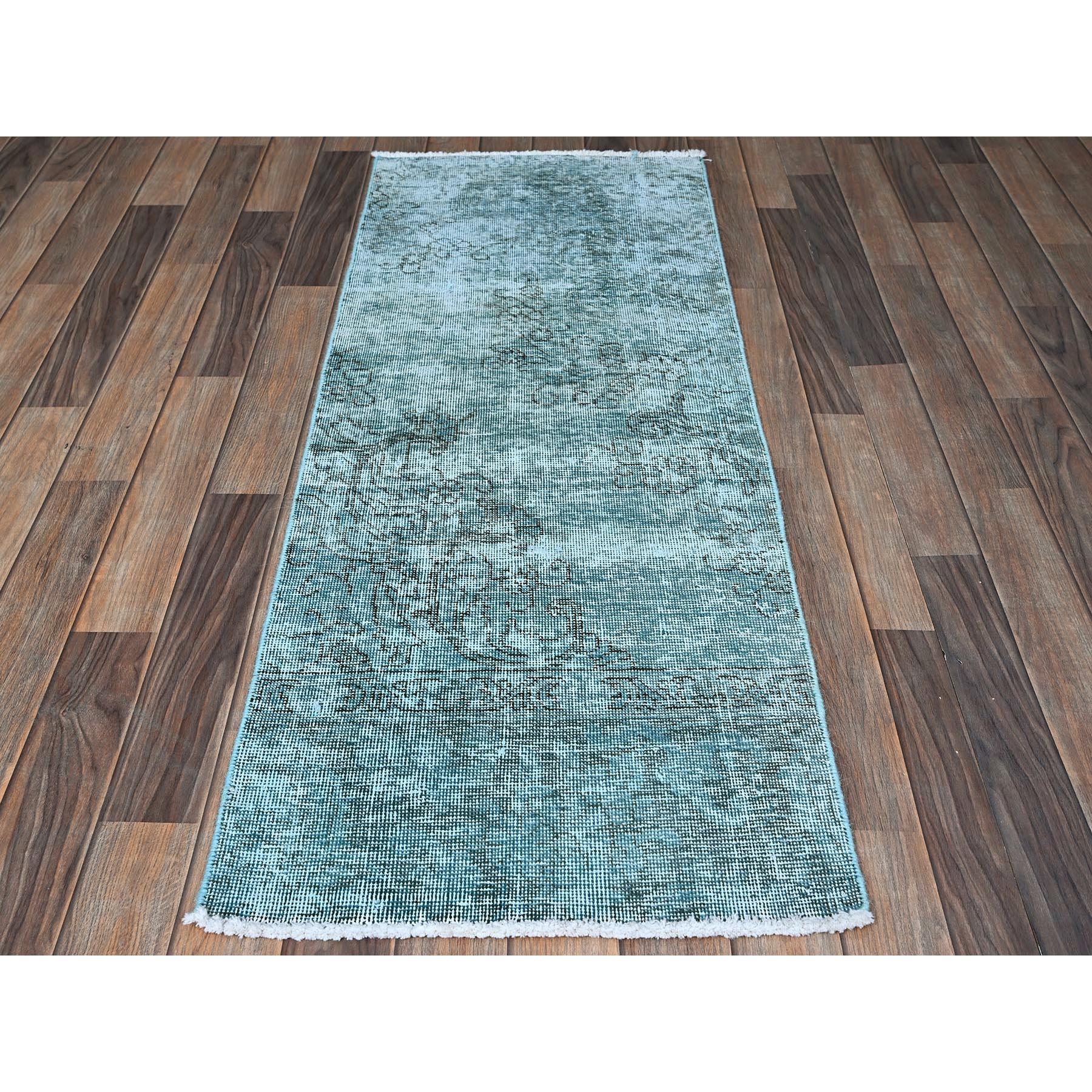 2'x5' Aqua Green, Overdyed Vintage Persian Tabriz, Worn and Distressed, Cropped Thin, Sides and Ends Professionally Secured, Hand Knotted, 100% Wool, Fragment, Short & Narrow Runner, Oriental Rug Sh959