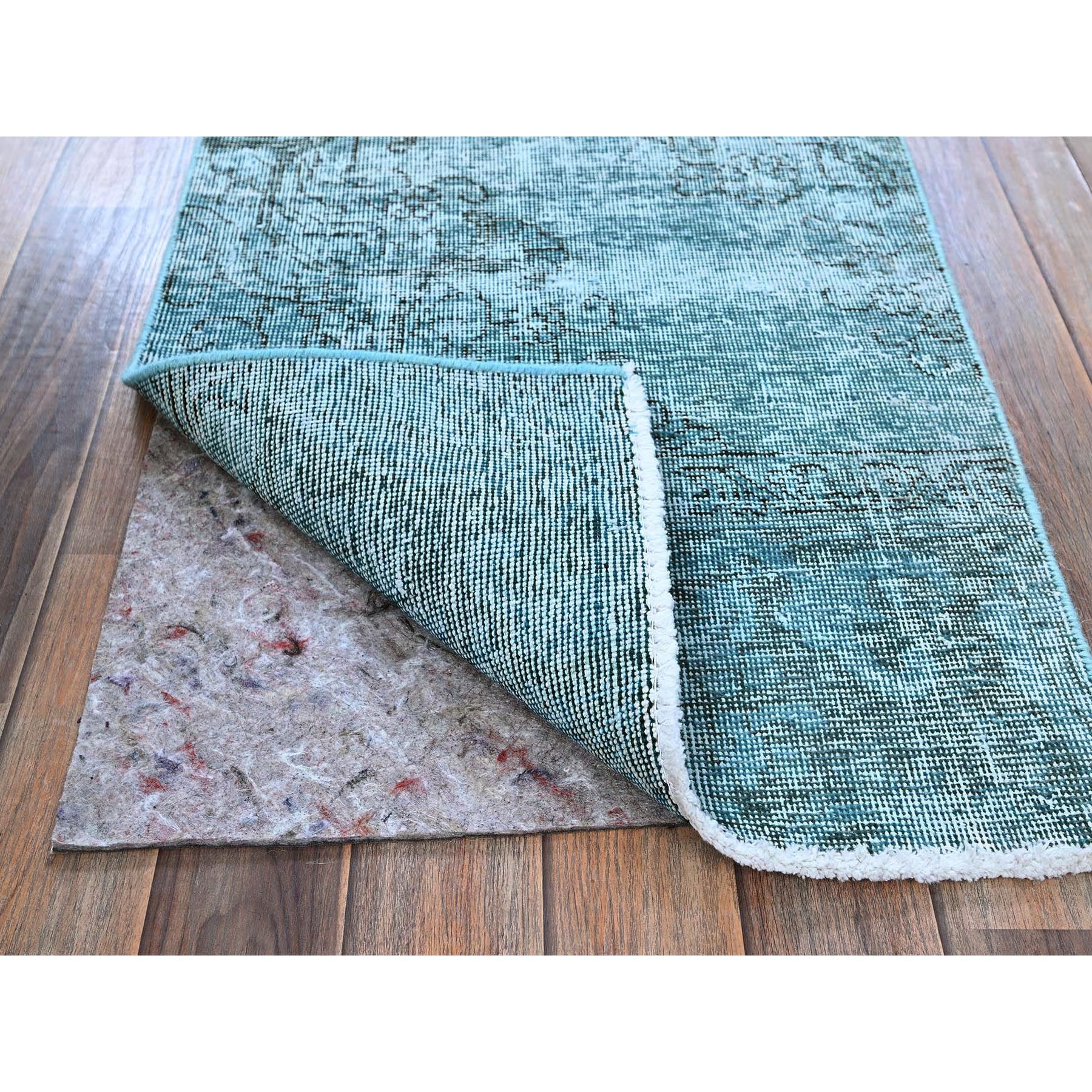 2'x5' Aqua Green, Overdyed Vintage Persian Tabriz, Worn and Distressed, Cropped Thin, Sides and Ends Professionally Secured, Hand Knotted, 100% Wool, Fragment, Short & Narrow Runner, Oriental Rug Sh959