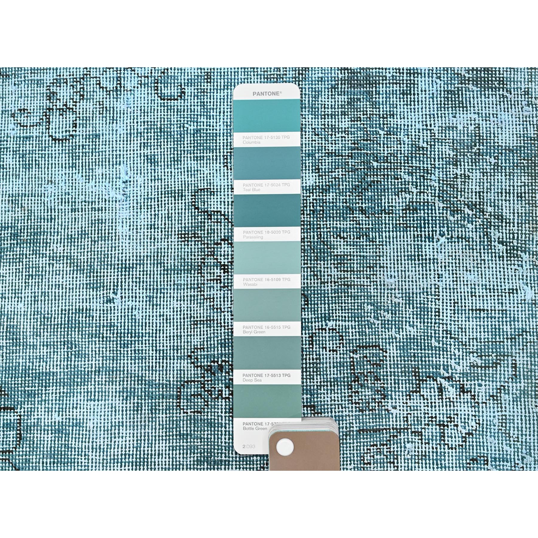 2'x5' Aqua Green, Overdyed Vintage Persian Tabriz, Worn and Distressed, Cropped Thin, Sides and Ends Professionally Secured, Hand Knotted, 100% Wool, Fragment, Short & Narrow Runner, Oriental Rug Sh959