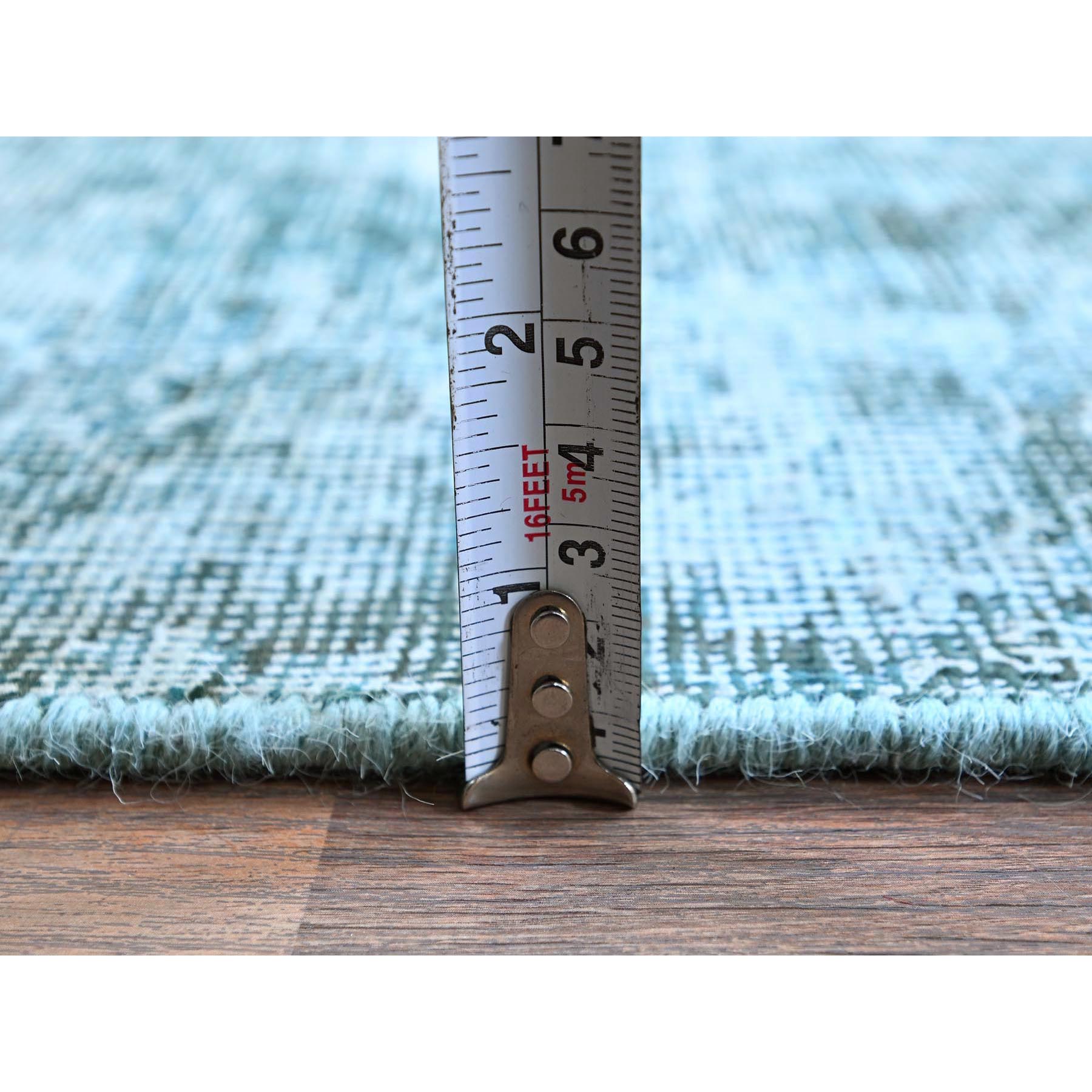 2'x5' Aqua Green, Overdyed Vintage Persian Tabriz, Worn and Distressed, Cropped Thin, Sides and Ends Professionally Secured, Hand Knotted, 100% Wool, Fragment, Short & Narrow Runner, Oriental Rug Sh959