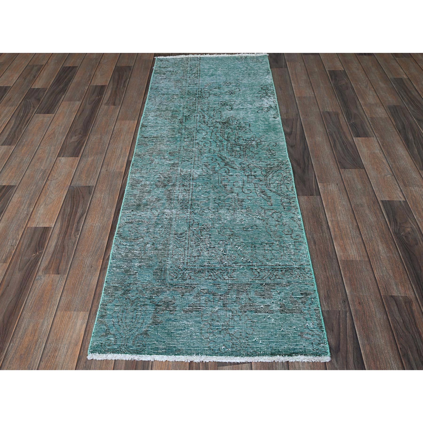 2'x5'8" Wasabi Green, Overdyed Vintage Persian Tabriz, Worn and Distressed, Sides and Ends Professionally Secured, Shaved Down, Hand Knotted, 100% Wool, Fragment, Short & Narrow Runner, Oriental Rug Sh962