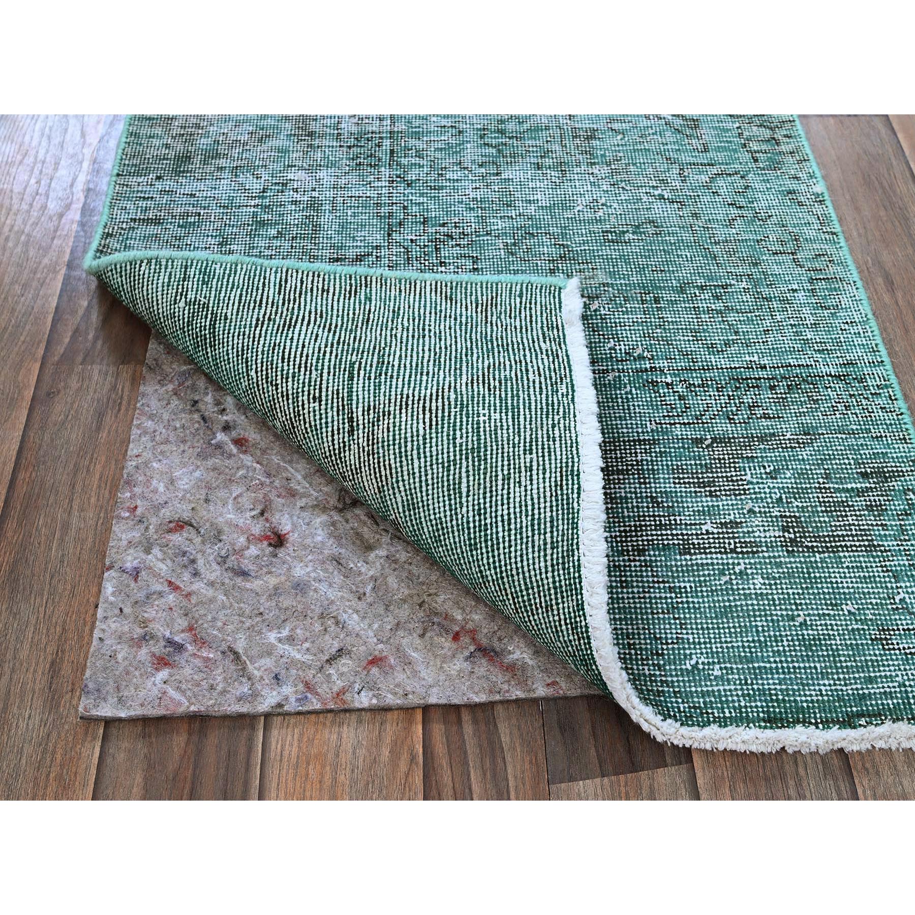 2'x5'8" Wasabi Green, Overdyed Vintage Persian Tabriz, Worn and Distressed, Sides and Ends Professionally Secured, Shaved Down, Hand Knotted, 100% Wool, Fragment, Short & Narrow Runner, Oriental Rug Sh962