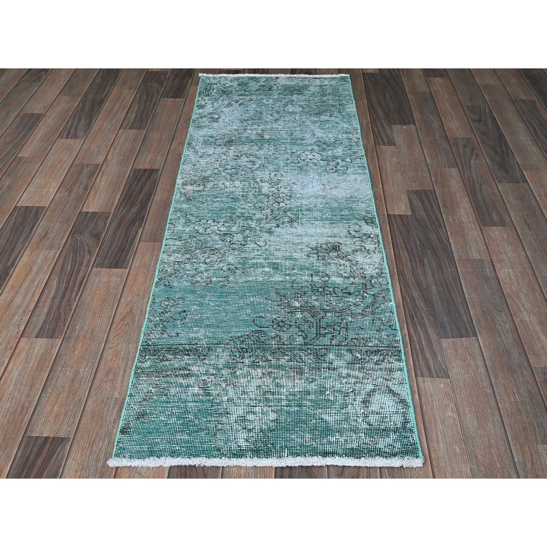 2'x5'7" Aqua Green, Overdyed Vintage Persian Tabriz, Worn and Distressed, Sides and Ends Professionally Secured, Shaved Down, Hand Knotted, 100% Wool, Fragment, Short & Narrow Runner, Oriental Rug Sh963