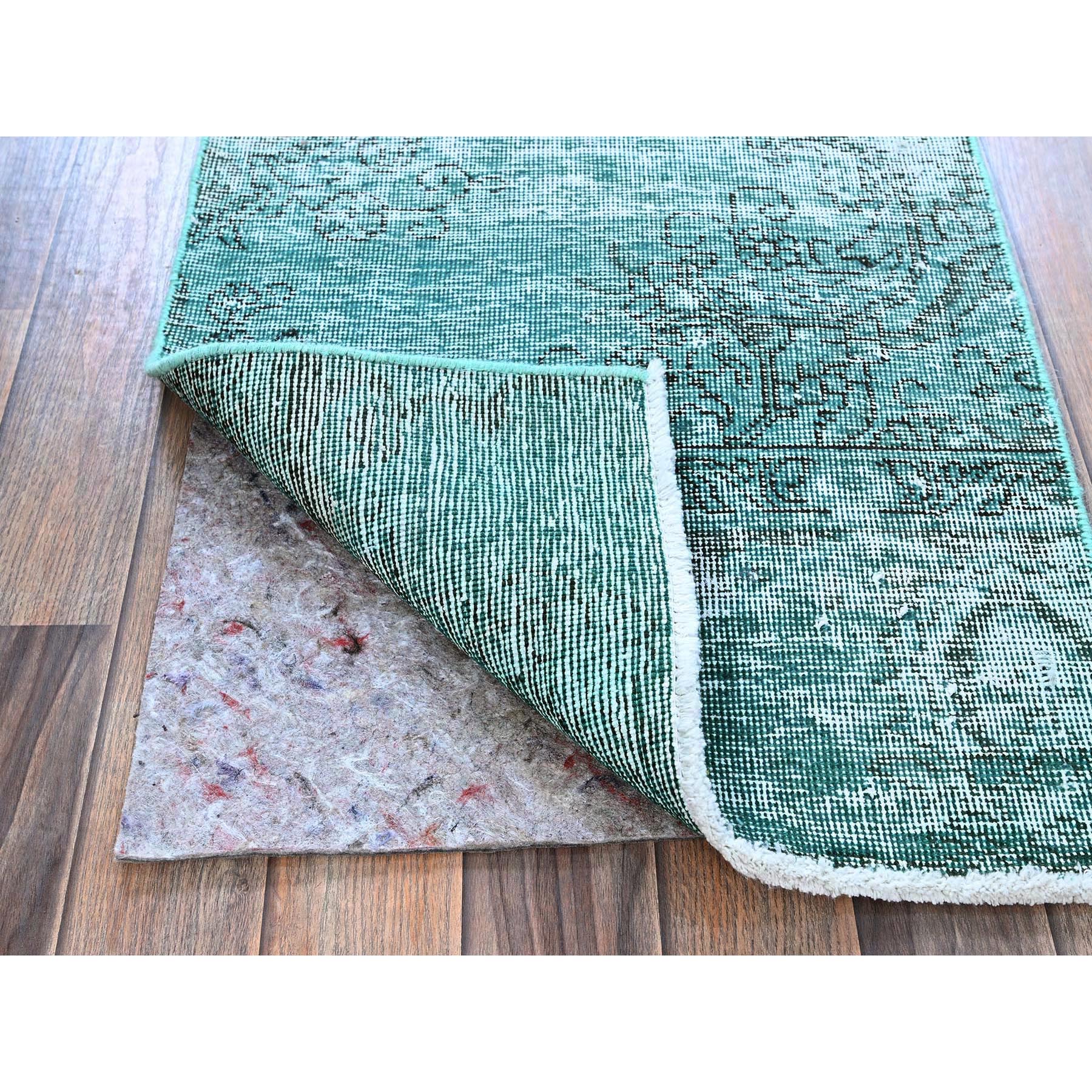 2'x5'7" Aqua Green, Overdyed Vintage Persian Tabriz, Worn and Distressed, Sides and Ends Professionally Secured, Shaved Down, Hand Knotted, 100% Wool, Fragment, Short & Narrow Runner, Oriental Rug Sh963