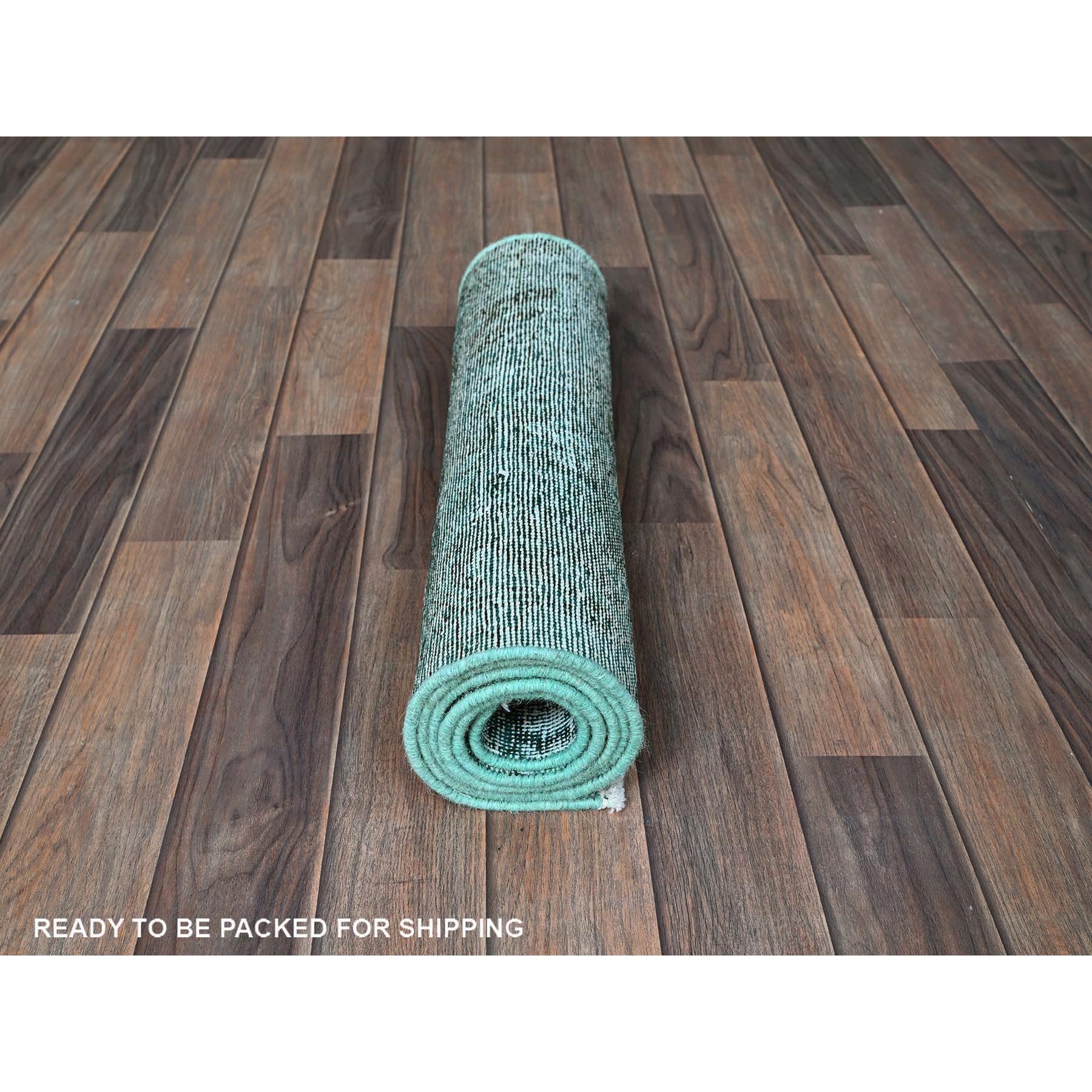 2'x5'7" Aqua Green, Overdyed Vintage Persian Tabriz, Worn and Distressed, Sides and Ends Professionally Secured, Shaved Down, Hand Knotted, 100% Wool, Fragment, Short & Narrow Runner, Oriental Rug Sh963