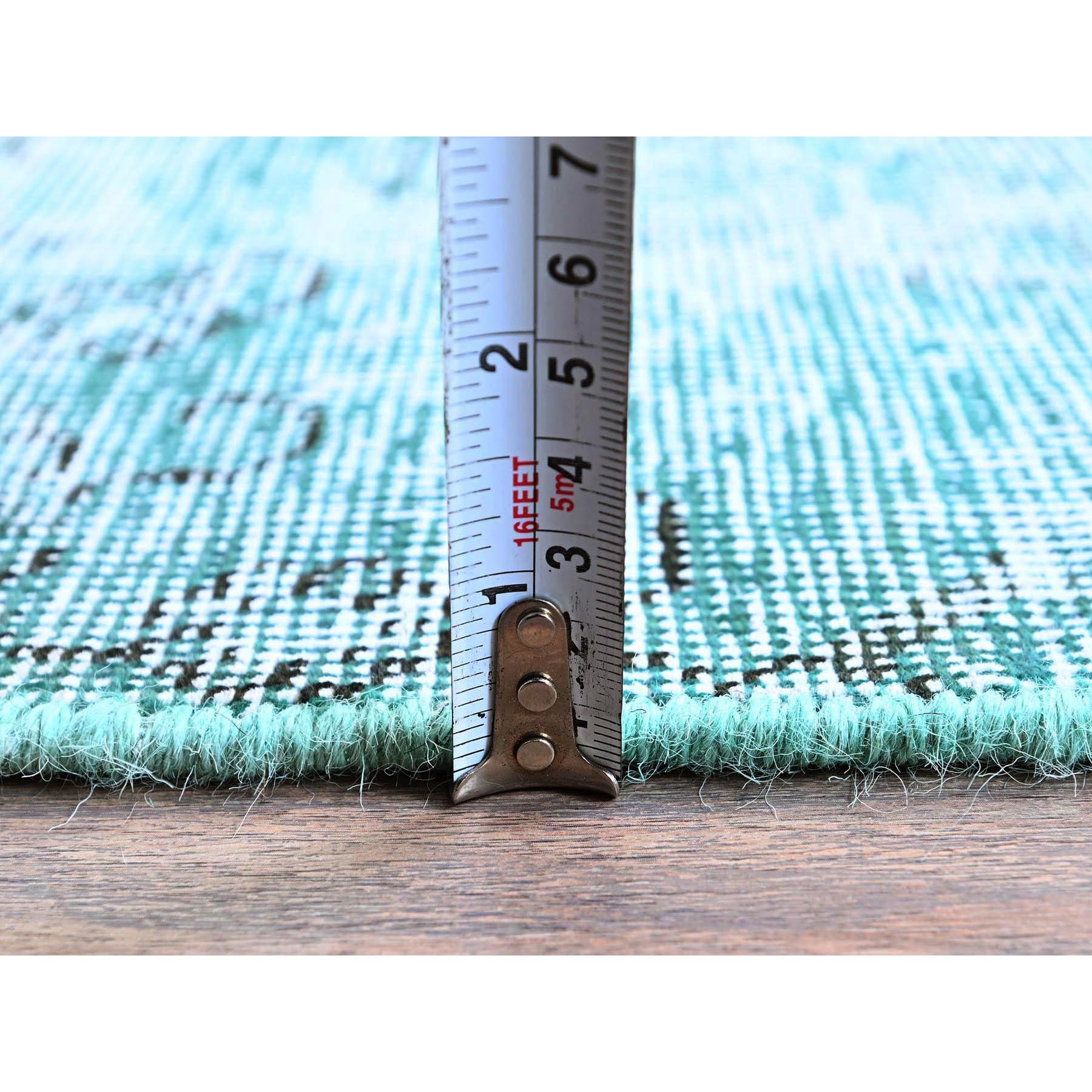 2'x5'7" Aqua Green, Overdyed Vintage Persian Tabriz, Worn and Distressed, Sides and Ends Professionally Secured, Shaved Down, Hand Knotted, 100% Wool, Fragment, Short & Narrow Runner, Oriental Rug Sh963