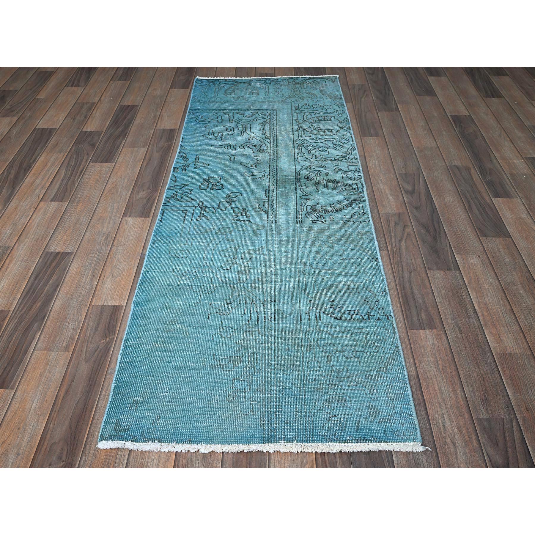 2'3"x6'2" Aqua Blue, Overdyed Vintage Persian Tabriz, Cropped Thin, Worn and Distressed, Sides and Ends Professionally Secured, Hand Knotted, 100% Wool, Fragment, Short & Narrow Runner, Oriental Rug Sh966