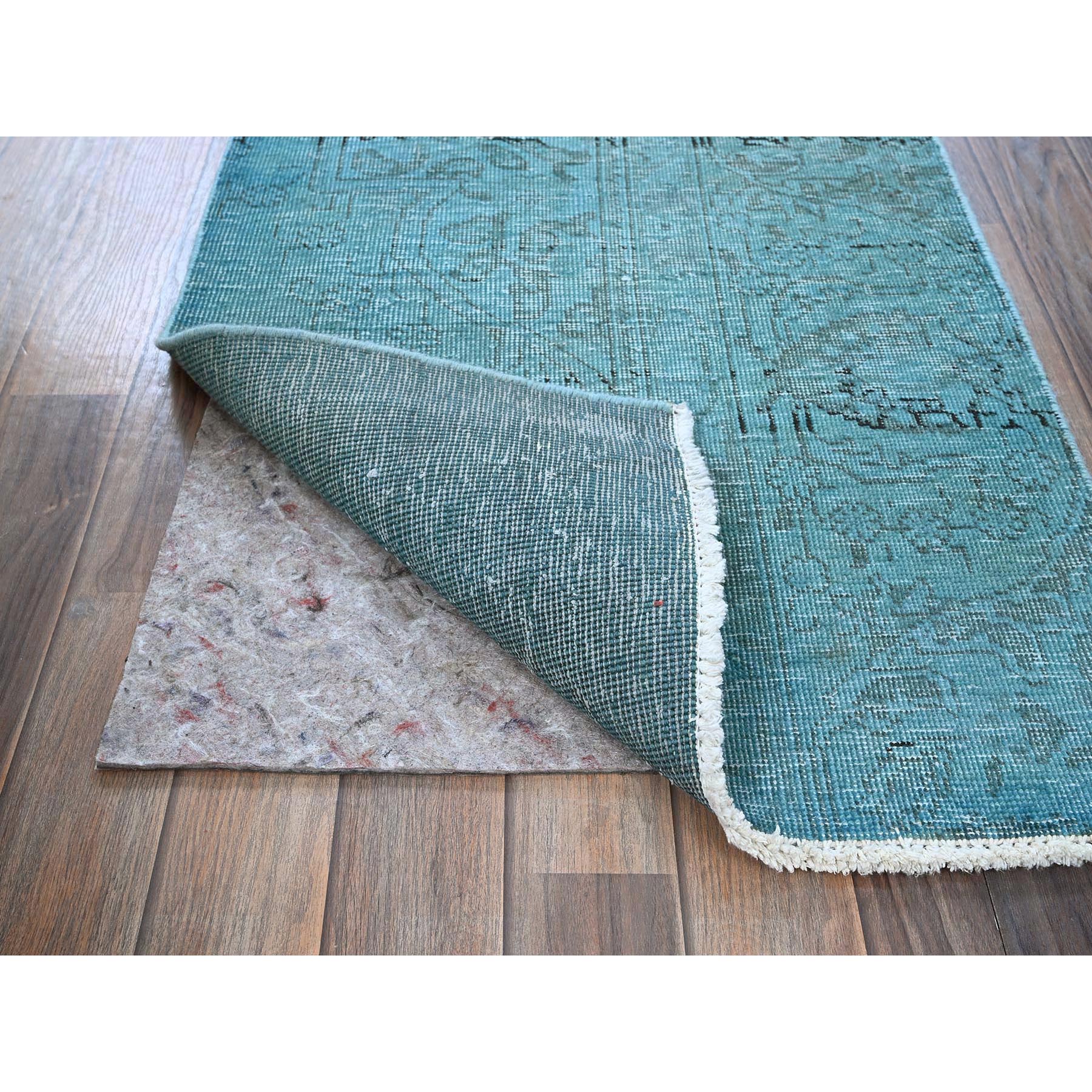 2'3"x6'2" Aqua Blue, Overdyed Vintage Persian Tabriz, Cropped Thin, Worn and Distressed, Sides and Ends Professionally Secured, Hand Knotted, 100% Wool, Fragment, Short & Narrow Runner, Oriental Rug Sh966