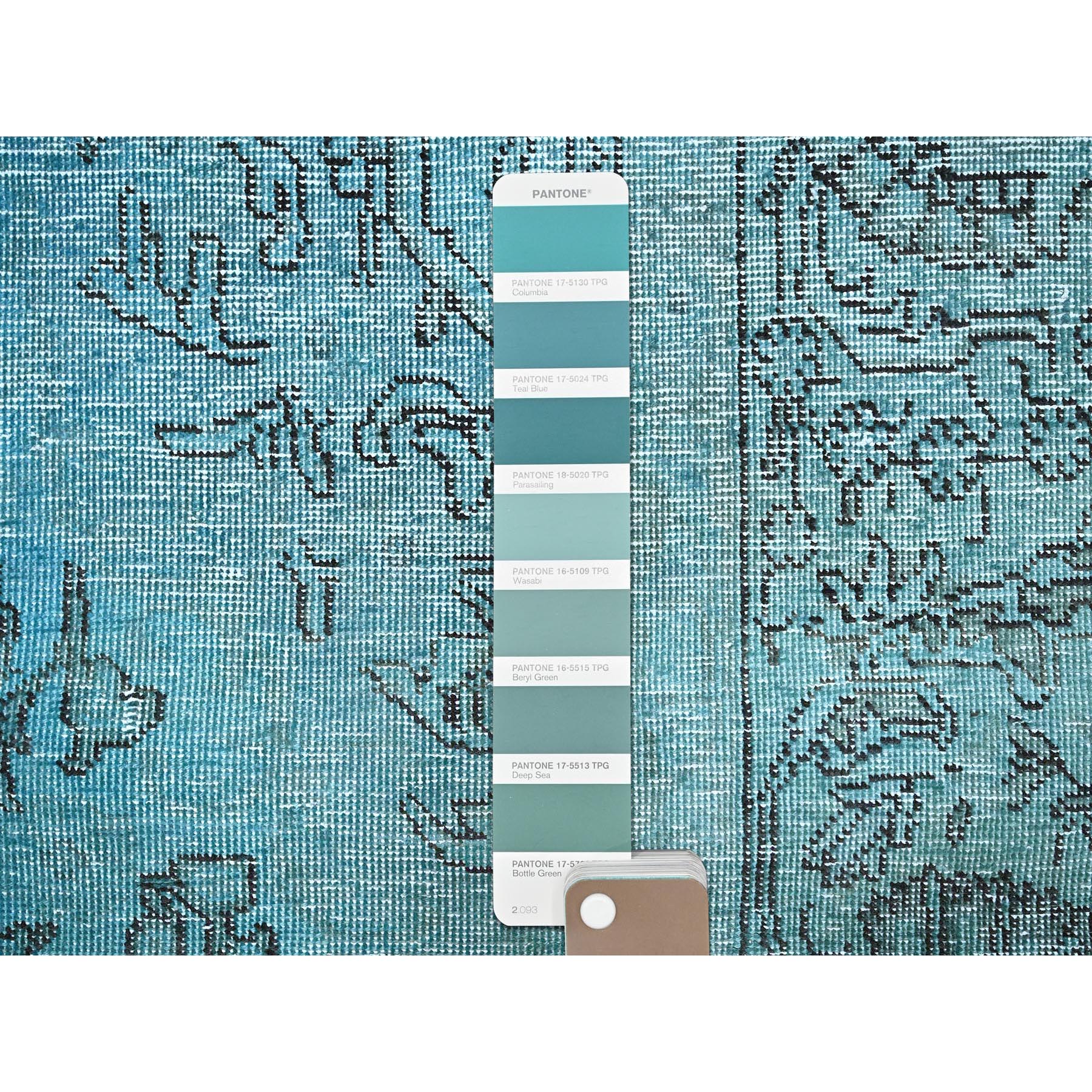 2'3"x6'2" Aqua Blue, Overdyed Vintage Persian Tabriz, Cropped Thin, Worn and Distressed, Sides and Ends Professionally Secured, Hand Knotted, 100% Wool, Fragment, Short & Narrow Runner, Oriental Rug Sh966