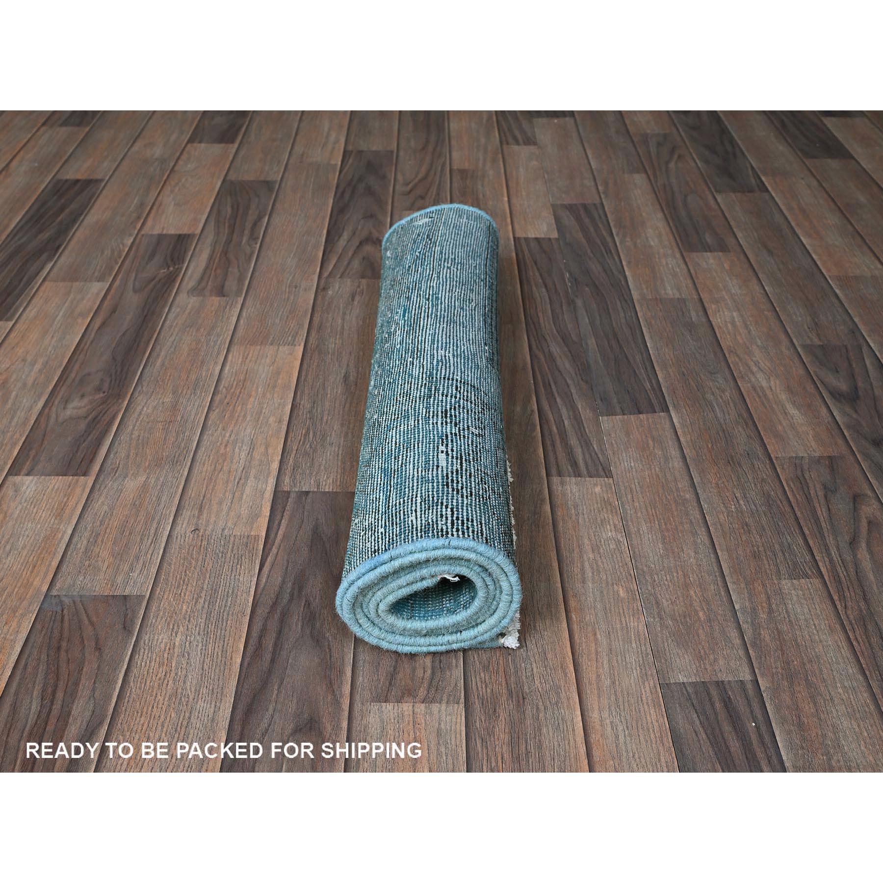 2'3"x6'2" Aqua Blue, Overdyed Vintage Persian Tabriz, Cropped Thin, Worn and Distressed, Sides and Ends Professionally Secured, Hand Knotted, 100% Wool, Fragment, Short & Narrow Runner, Oriental Rug Sh966