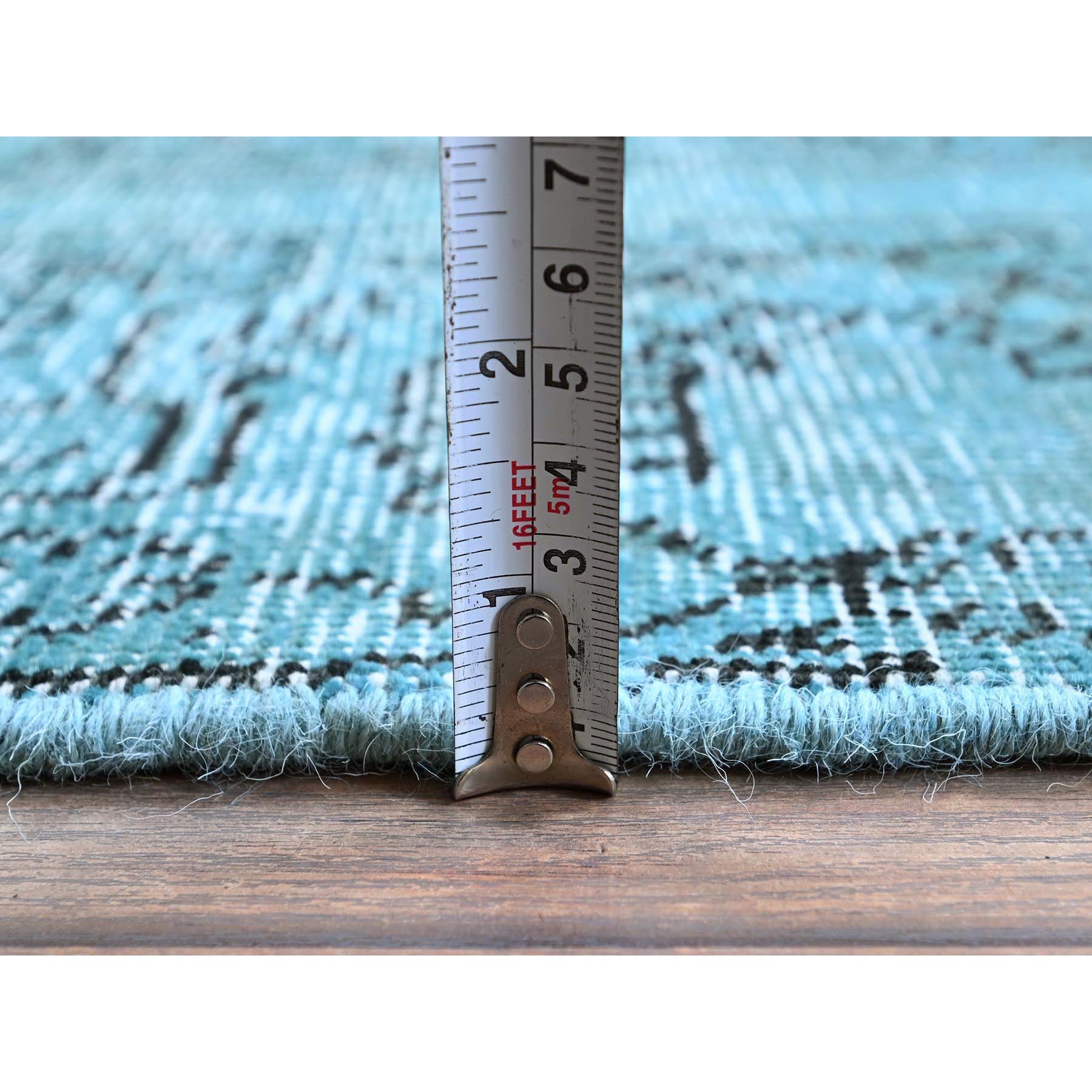 2'3"x6'2" Aqua Blue, Overdyed Vintage Persian Tabriz, Cropped Thin, Worn and Distressed, Sides and Ends Professionally Secured, Hand Knotted, 100% Wool, Fragment, Short & Narrow Runner, Oriental Rug Sh966