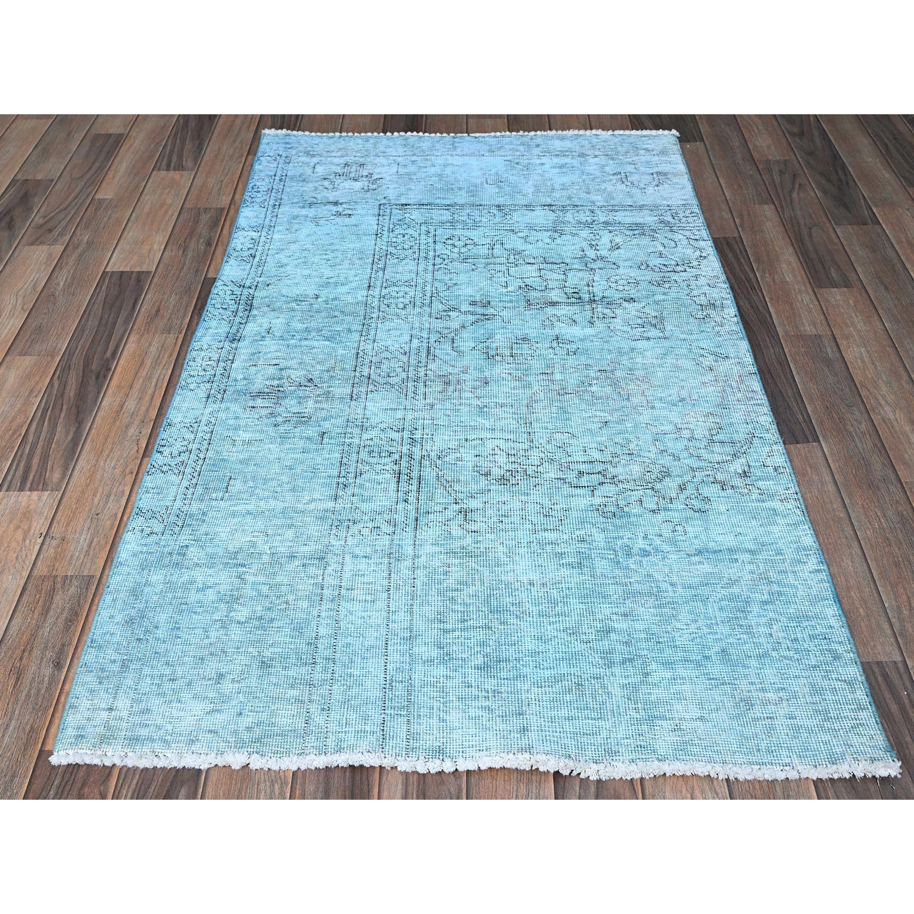 3'1"x5'1" Aqua Blue, Overdyed Vintage Persian Tabriz, Worn and Distressed, Sides and Ends Professionally Secured, Shaved Low, Hand Knotted, 100% Wool, Fragment, Oriental Rug Sh970