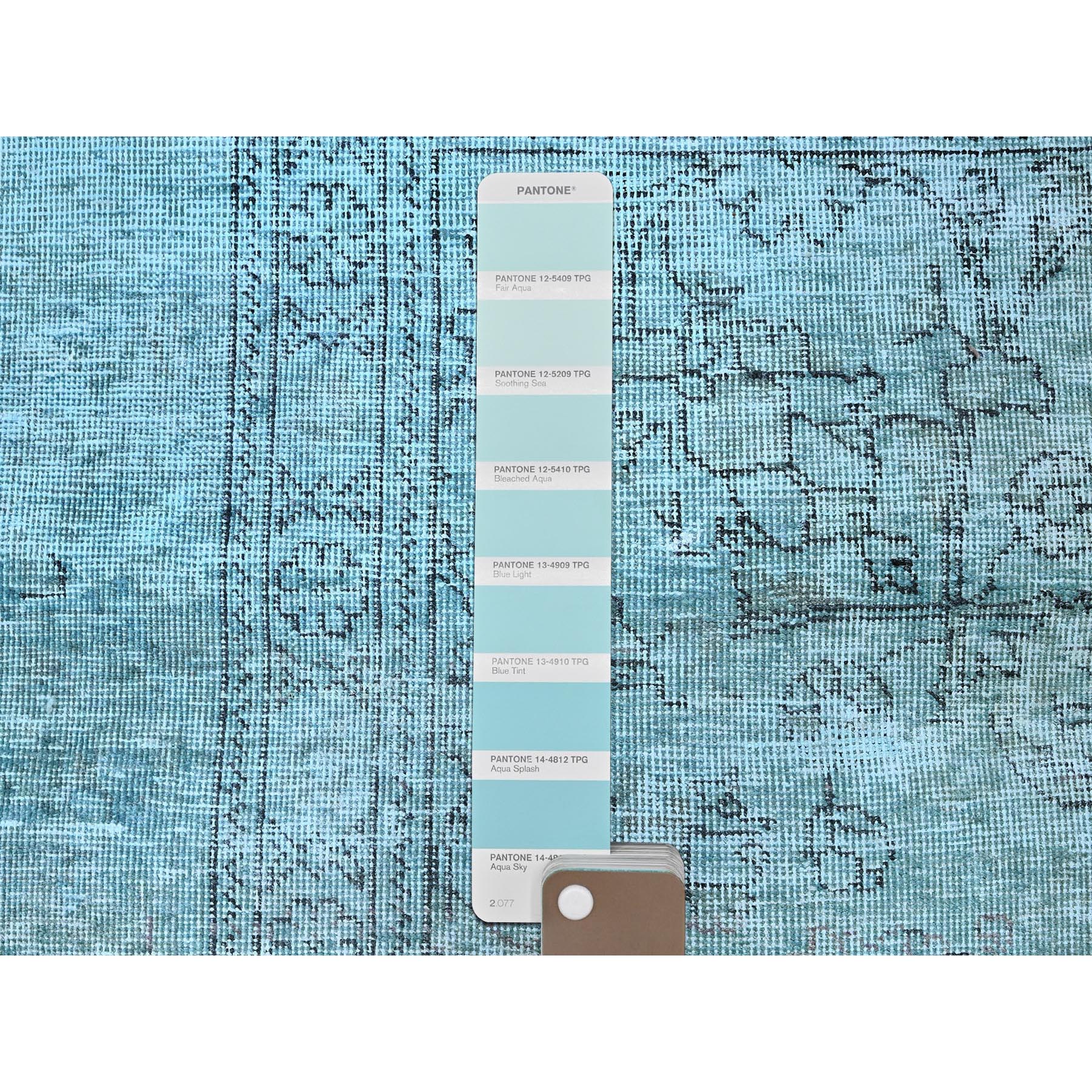 3'1"x5'1" Aqua Blue, Overdyed Vintage Persian Tabriz, Worn and Distressed, Sides and Ends Professionally Secured, Shaved Low, Hand Knotted, 100% Wool, Fragment, Oriental Rug Sh970
