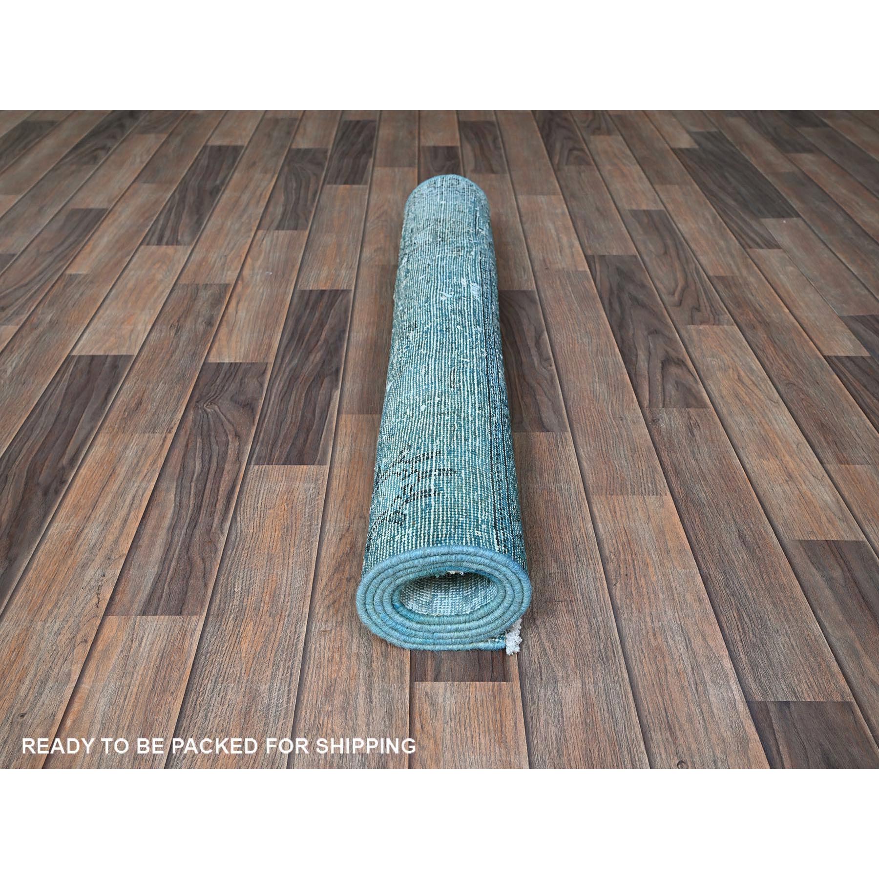 3'1"x5'1" Aqua Blue, Overdyed Vintage Persian Tabriz, Worn and Distressed, Sides and Ends Professionally Secured, Shaved Low, Hand Knotted, 100% Wool, Fragment, Oriental Rug Sh970