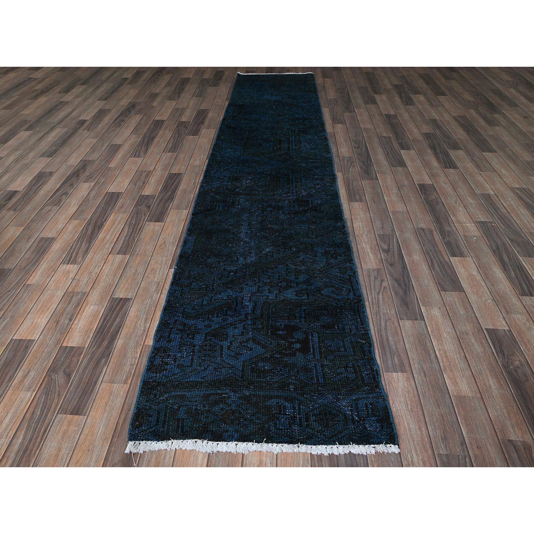 2'6"x11' Yale Blue, Overdyed Vintage Persian Tabriz, Worn and Distressed, Sides and Ends Professionally Secured, Sheared Low, Hand Knotted, 100% Wool, Fragment, Narrow Runner, Oriental Rug Sh971