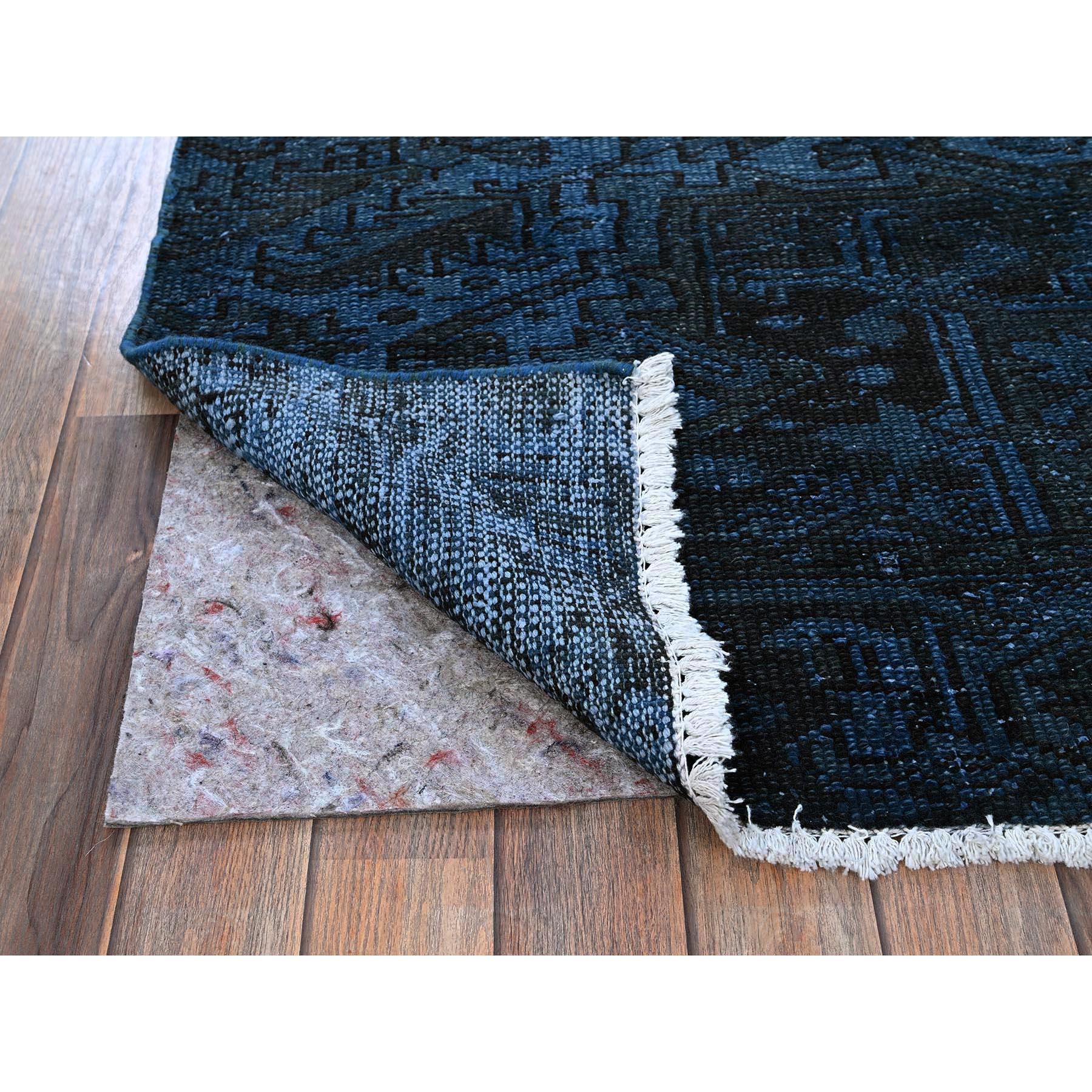 2'6"x11' Yale Blue, Overdyed Vintage Persian Tabriz, Worn and Distressed, Sides and Ends Professionally Secured, Sheared Low, Hand Knotted, 100% Wool, Fragment, Narrow Runner, Oriental Rug Sh971