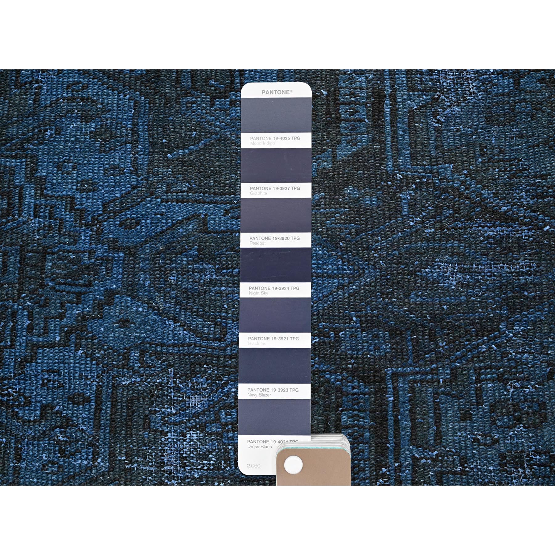 2'6"x11' Yale Blue, Overdyed Vintage Persian Tabriz, Worn and Distressed, Sides and Ends Professionally Secured, Sheared Low, Hand Knotted, 100% Wool, Fragment, Narrow Runner, Oriental Rug Sh971