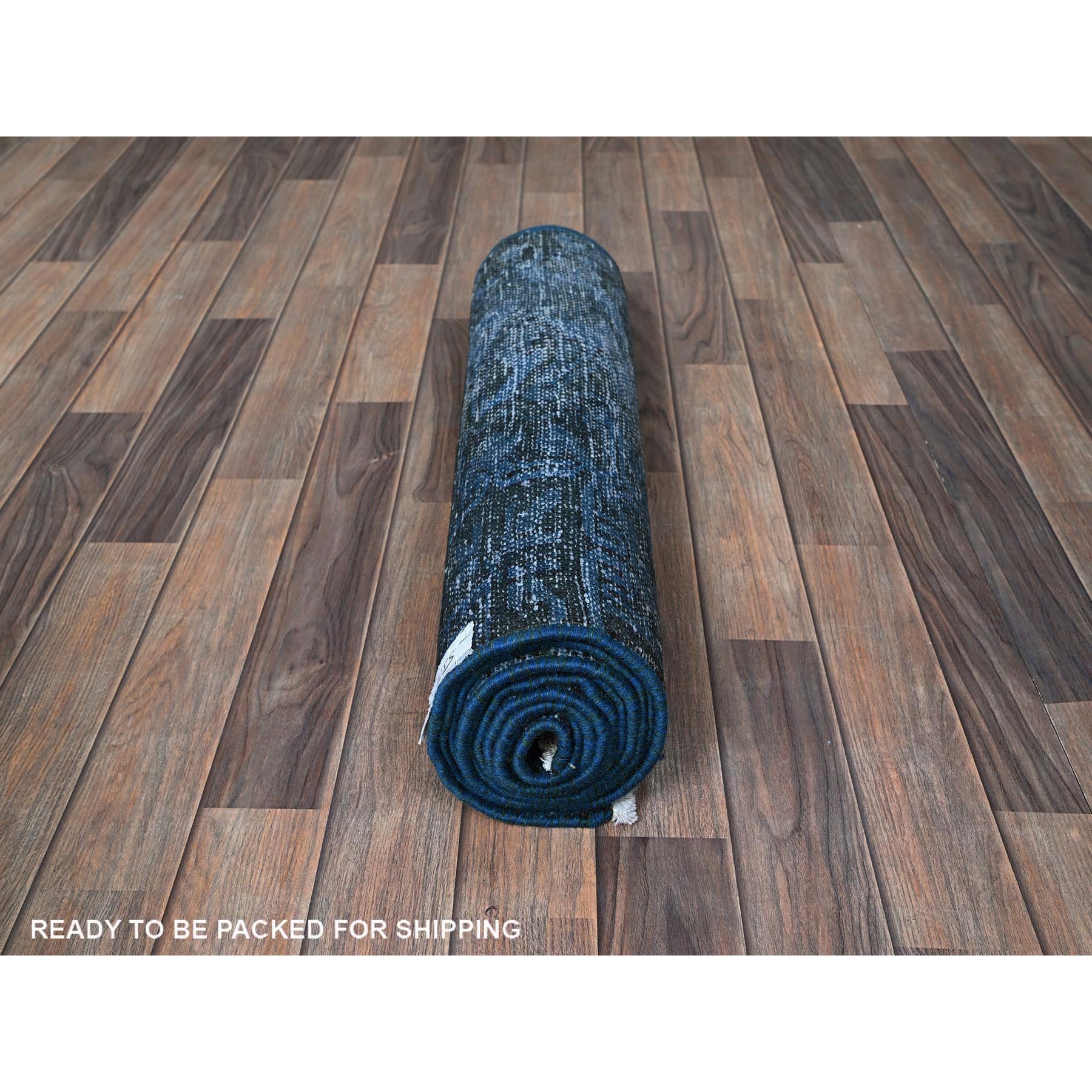 2'6"x11' Yale Blue, Overdyed Vintage Persian Tabriz, Worn and Distressed, Sides and Ends Professionally Secured, Sheared Low, Hand Knotted, 100% Wool, Fragment, Narrow Runner, Oriental Rug Sh971
