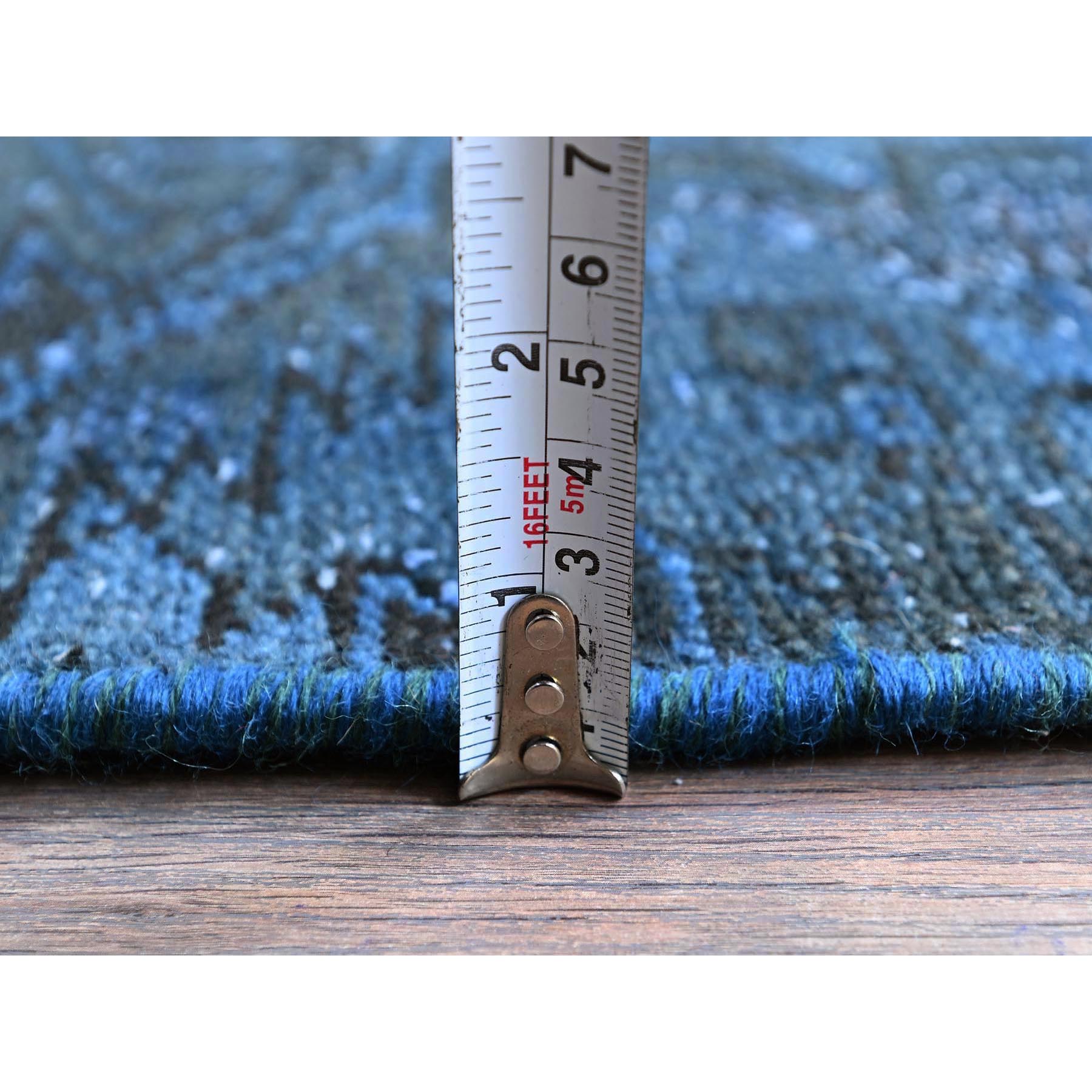 2'6"x11' Yale Blue, Overdyed Vintage Persian Tabriz, Worn and Distressed, Sides and Ends Professionally Secured, Sheared Low, Hand Knotted, 100% Wool, Fragment, Narrow Runner, Oriental Rug Sh971