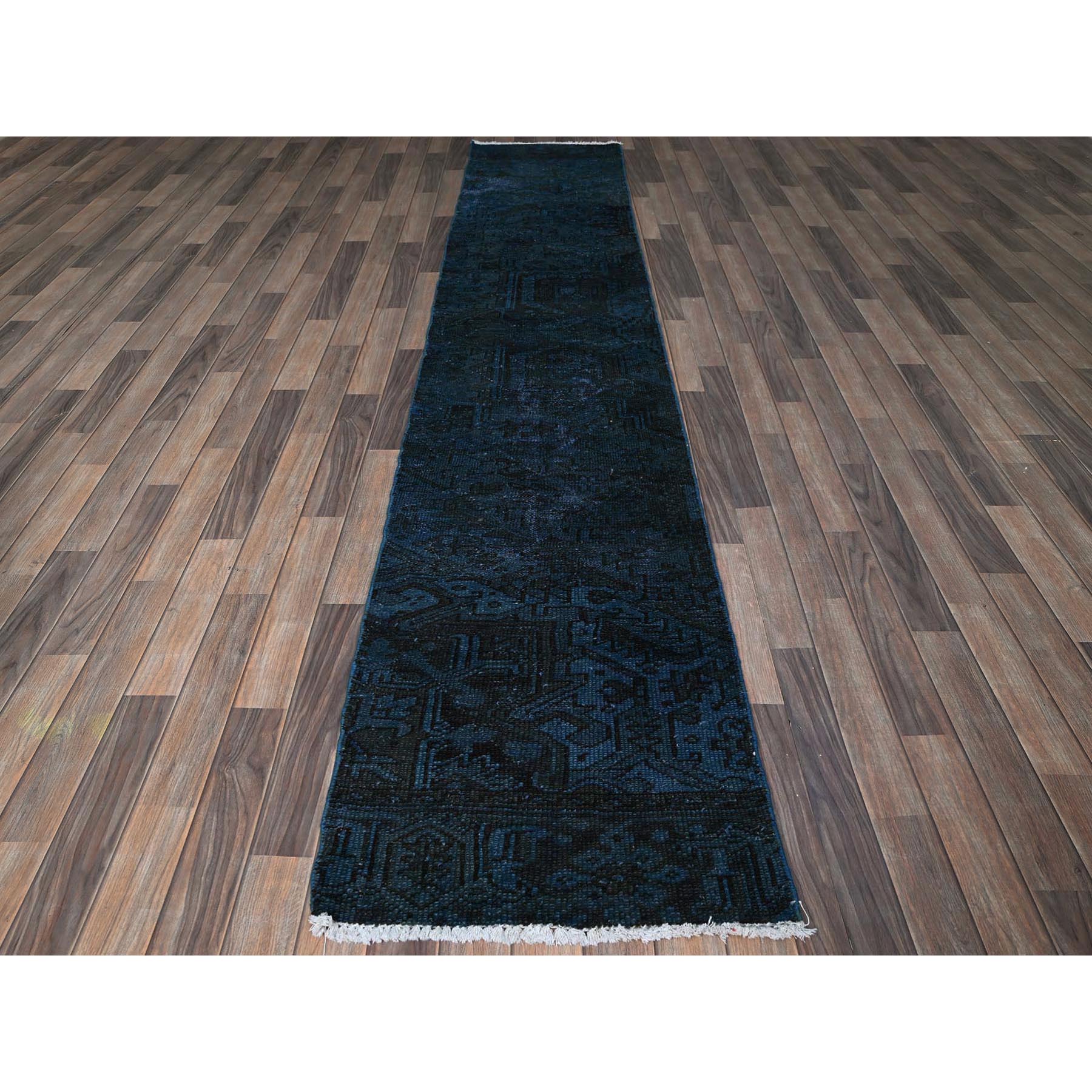 2'3"x11' Midnight Blue, Overdyed Vintage Persian Tabriz, Worn and Distressed, Shaved Down, Sides and Ends Professionally Secured, Hand Knotted, 100% Wool, Fragment, Narrow Runner, Oriental Rug Sh972