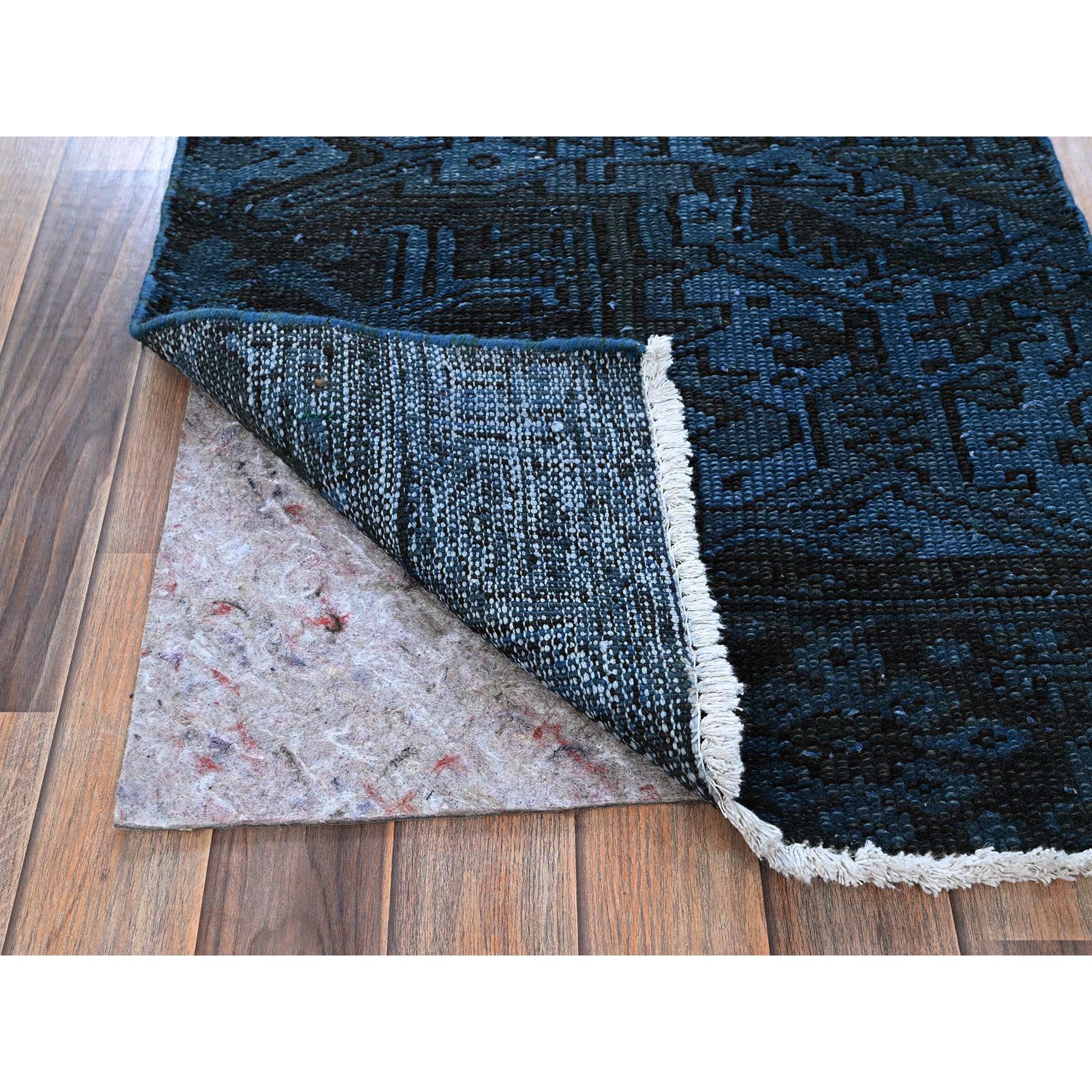 2'3"x11' Midnight Blue, Overdyed Vintage Persian Tabriz, Worn and Distressed, Shaved Down, Sides and Ends Professionally Secured, Hand Knotted, 100% Wool, Fragment, Narrow Runner, Oriental Rug Sh972