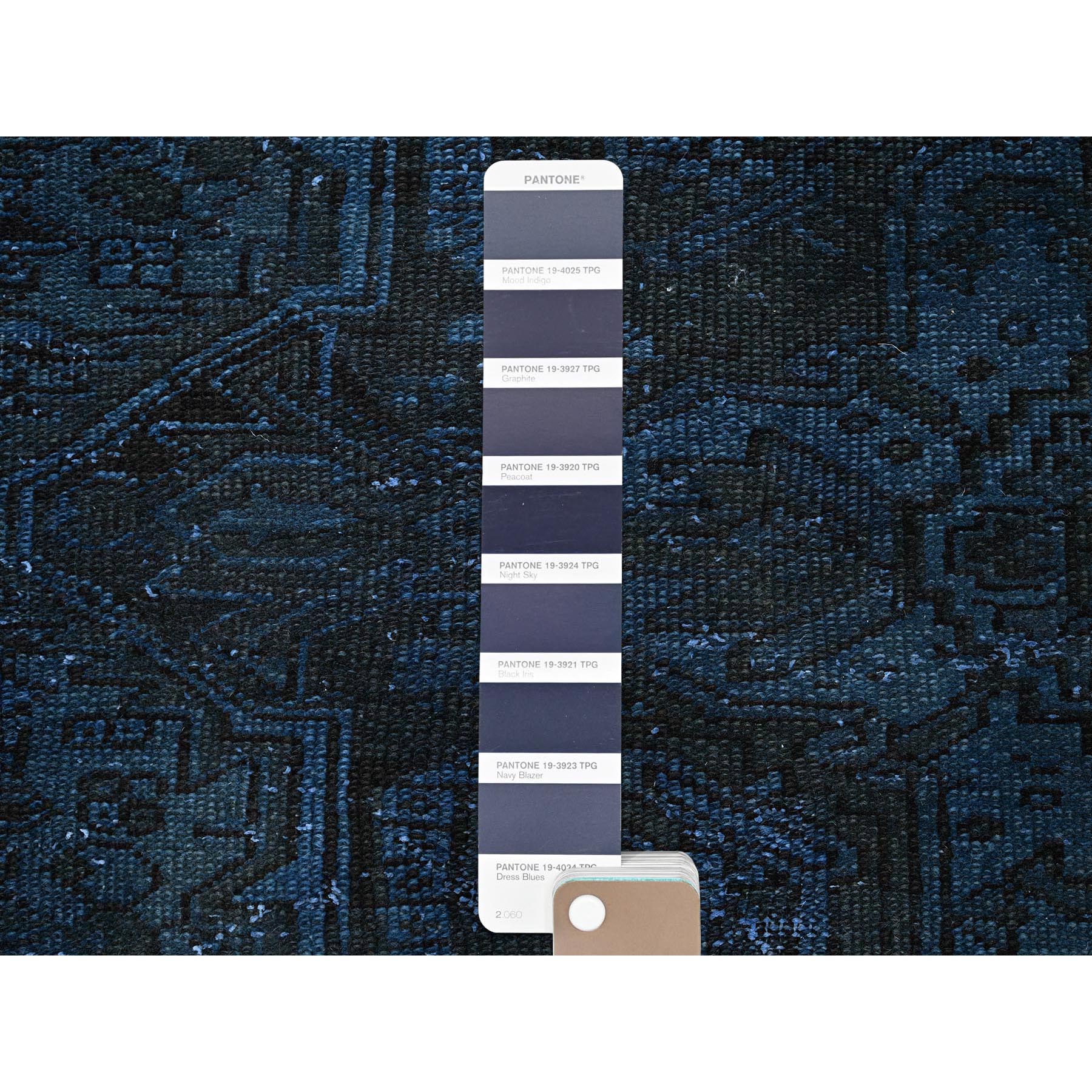 2'3"x11' Midnight Blue, Overdyed Vintage Persian Tabriz, Worn and Distressed, Shaved Down, Sides and Ends Professionally Secured, Hand Knotted, 100% Wool, Fragment, Narrow Runner, Oriental Rug Sh972
