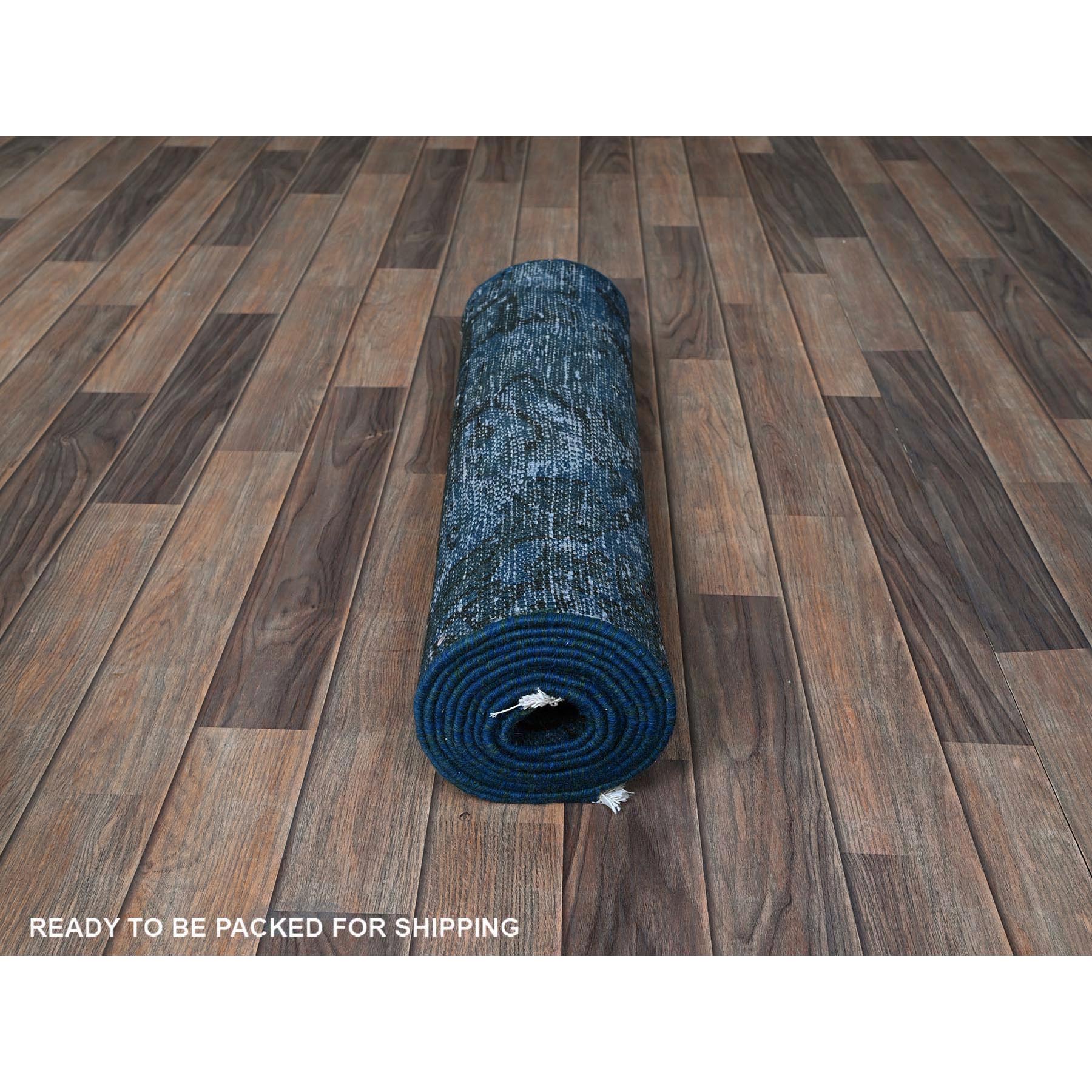 2'3"x11' Midnight Blue, Overdyed Vintage Persian Tabriz, Worn and Distressed, Shaved Down, Sides and Ends Professionally Secured, Hand Knotted, 100% Wool, Fragment, Narrow Runner, Oriental Rug Sh972