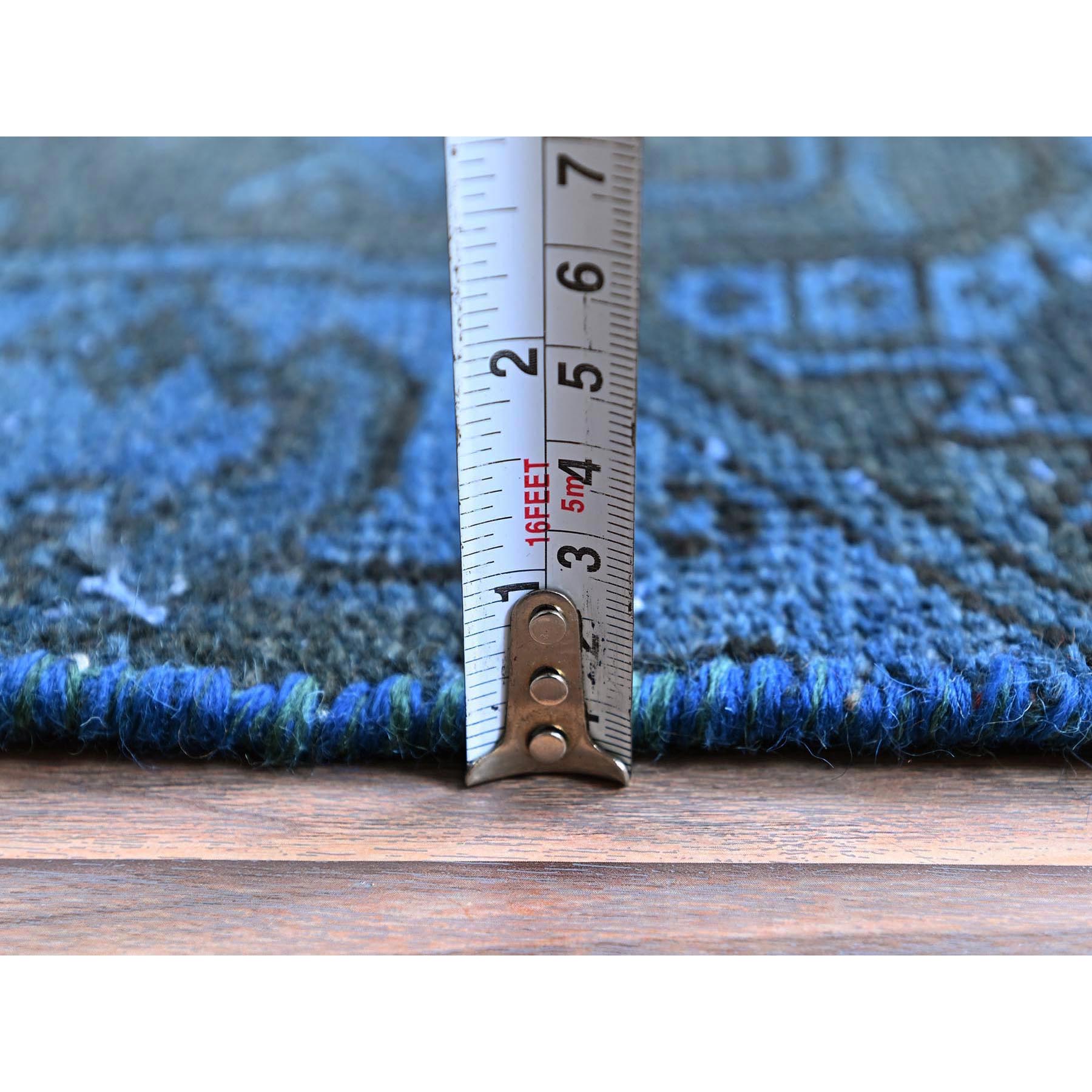 2'3"x11' Midnight Blue, Overdyed Vintage Persian Tabriz, Worn and Distressed, Shaved Down, Sides and Ends Professionally Secured, Hand Knotted, 100% Wool, Fragment, Narrow Runner, Oriental Rug Sh972