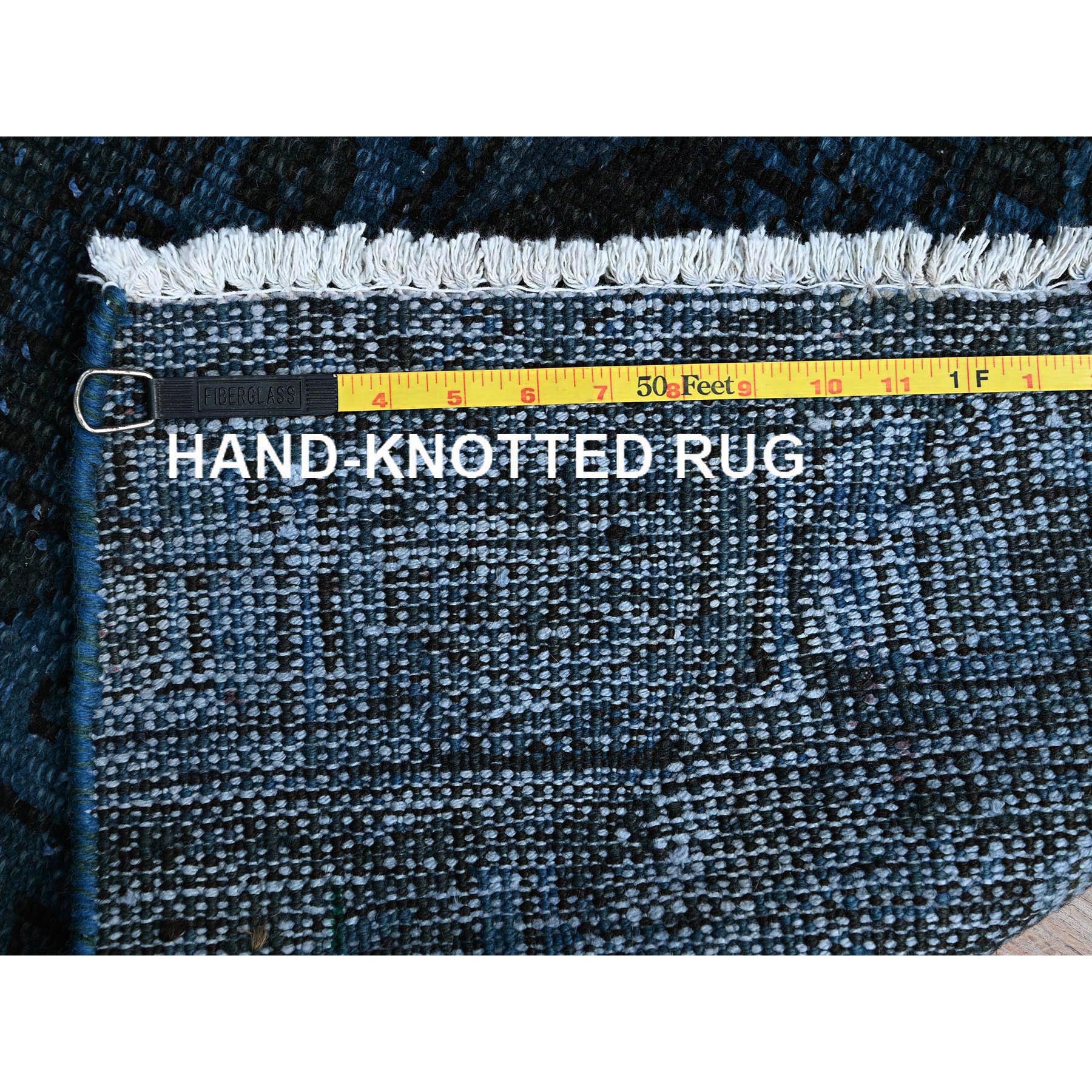 2'3"x11' Midnight Blue, Overdyed Vintage Persian Tabriz, Worn and Distressed, Shaved Down, Sides and Ends Professionally Secured, Hand Knotted, 100% Wool, Fragment, Narrow Runner, Oriental Rug Sh972
