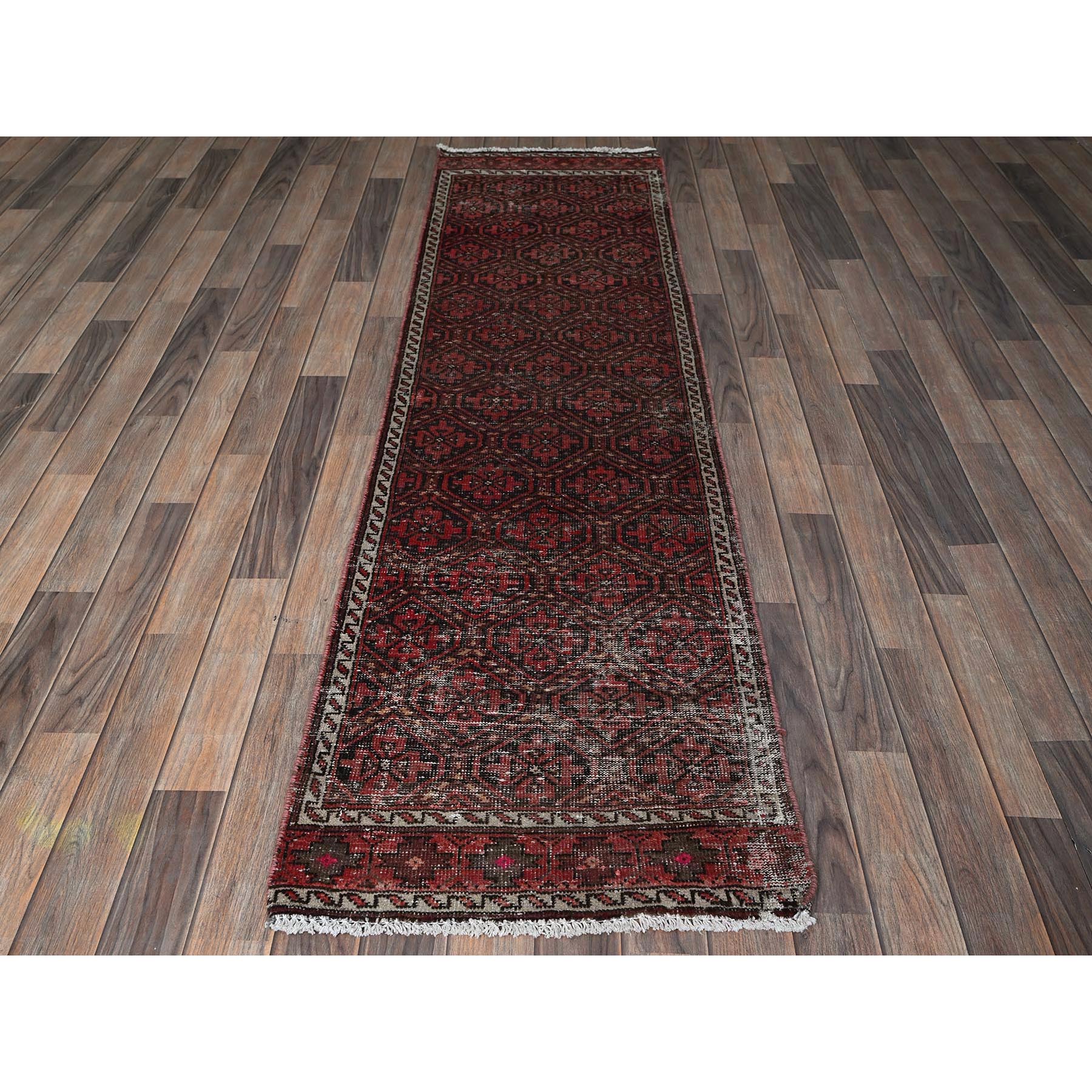 2'x7'7" Auburn Red, Vintage Persian Baluch with Geometric Pattern, Cropped Thin, Zero Pile, Evenly Worn, Sides and Ends Professionally Secured, Clean, Hand Knotted, 100% Wool, Narrow Runner, Oriental Rug Sh973