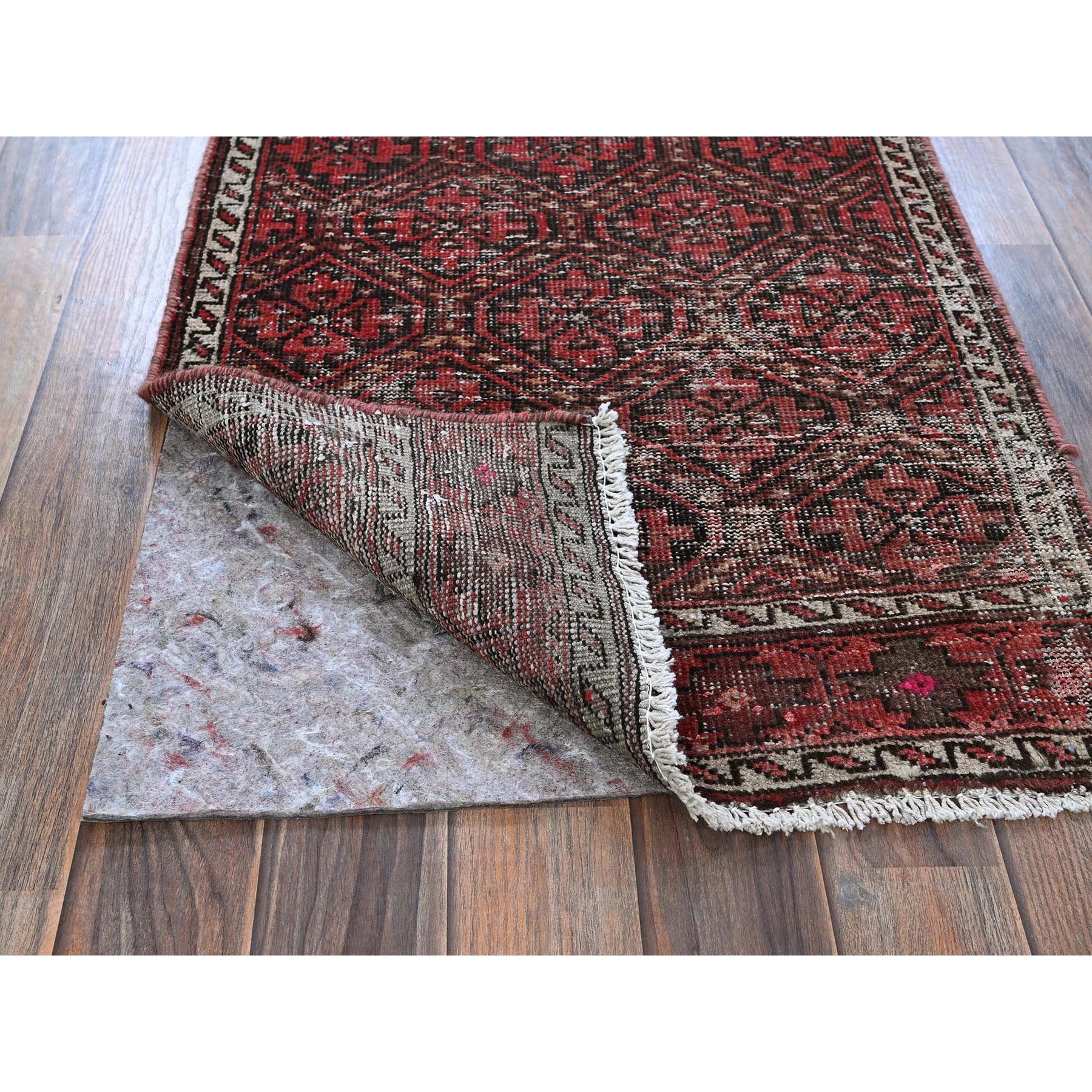 2'x7'7" Auburn Red, Vintage Persian Baluch with Geometric Pattern, Cropped Thin, Zero Pile, Evenly Worn, Sides and Ends Professionally Secured, Clean, Hand Knotted, 100% Wool, Narrow Runner, Oriental Rug Sh973