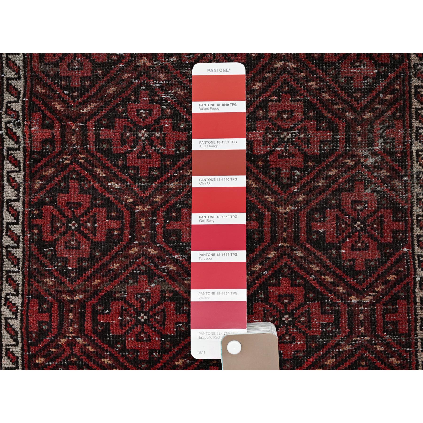 2'x7'7" Auburn Red, Vintage Persian Baluch with Geometric Pattern, Cropped Thin, Zero Pile, Evenly Worn, Sides and Ends Professionally Secured, Clean, Hand Knotted, 100% Wool, Narrow Runner, Oriental Rug Sh973