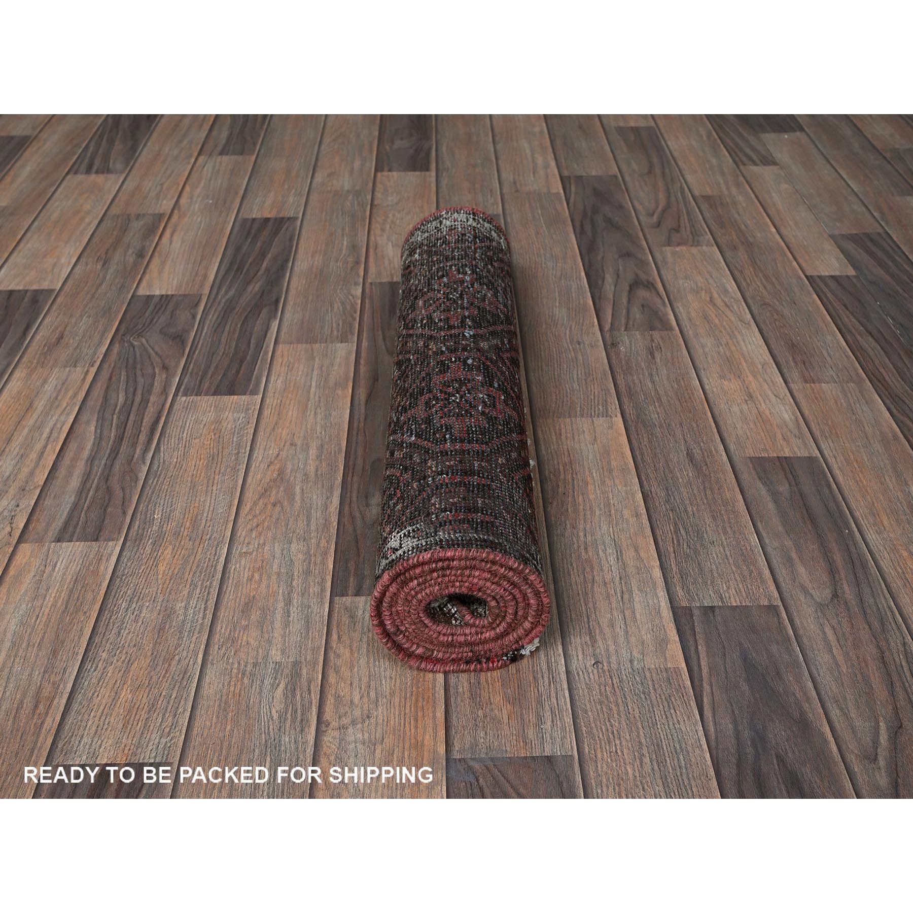 2'x7'7" Auburn Red, Vintage Persian Baluch with Geometric Pattern, Cropped Thin, Zero Pile, Evenly Worn, Sides and Ends Professionally Secured, Clean, Hand Knotted, 100% Wool, Narrow Runner, Oriental Rug Sh973