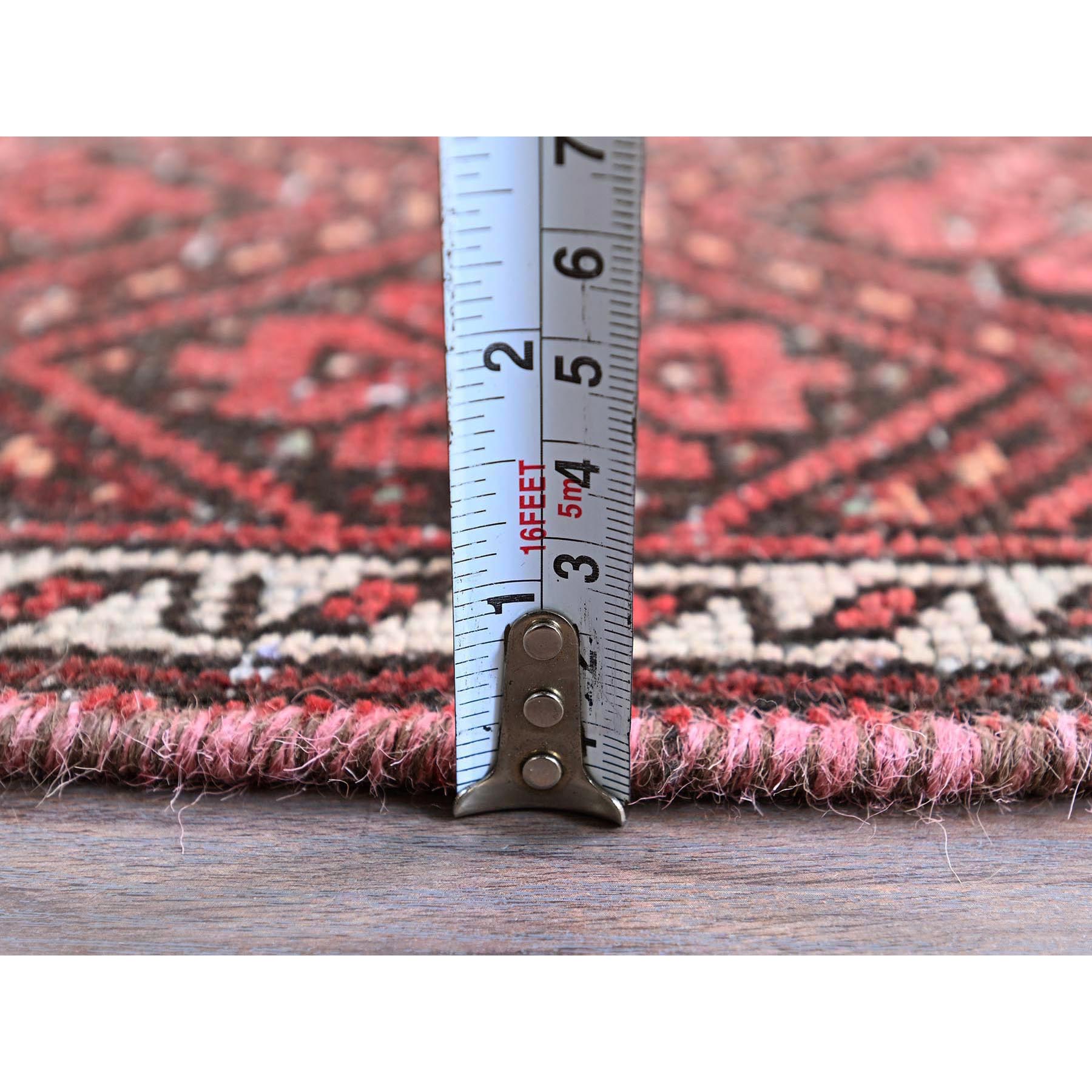 2'x7'7" Auburn Red, Vintage Persian Baluch with Geometric Pattern, Cropped Thin, Zero Pile, Evenly Worn, Sides and Ends Professionally Secured, Clean, Hand Knotted, 100% Wool, Narrow Runner, Oriental Rug Sh973