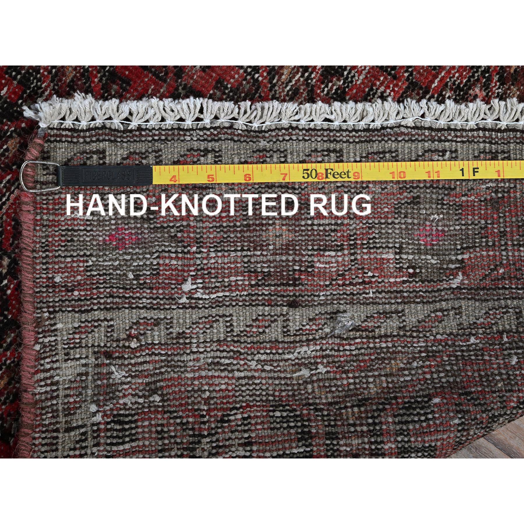 2'x7'7" Auburn Red, Vintage Persian Baluch with Geometric Pattern, Cropped Thin, Zero Pile, Evenly Worn, Sides and Ends Professionally Secured, Clean, Hand Knotted, 100% Wool, Narrow Runner, Oriental Rug Sh973