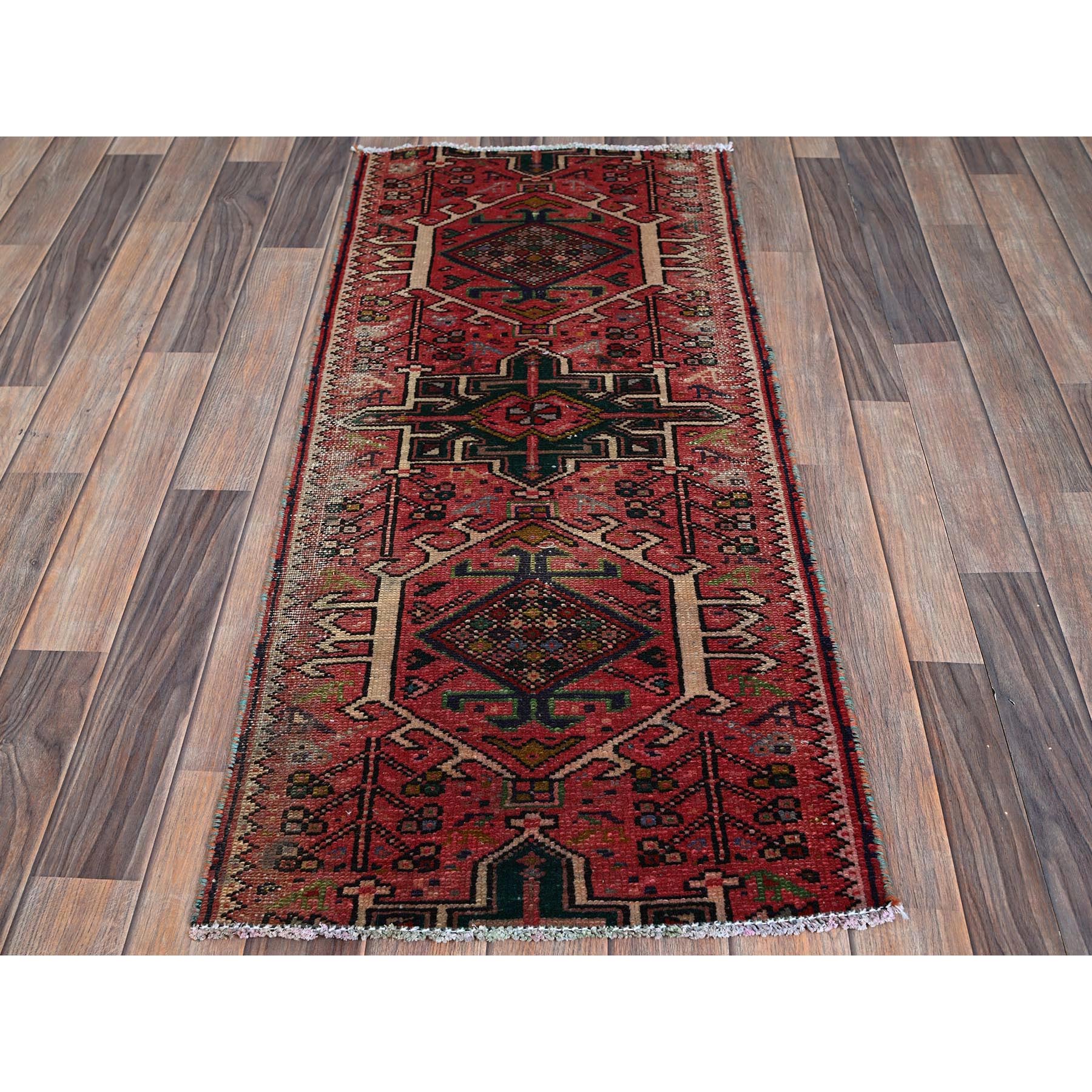 1'10"x4'2" Blush Red, Vintage Persian Karajeh Heriz with Geometric Medallions, Abrash, Sheared Low, Zero Pile, Evenly Worn, Sides and Ends Professionally Secured, Clean, Hand Knotted, Pure Wool, Fragment, Short & Narrow Runner, Oriental Rug Sh974