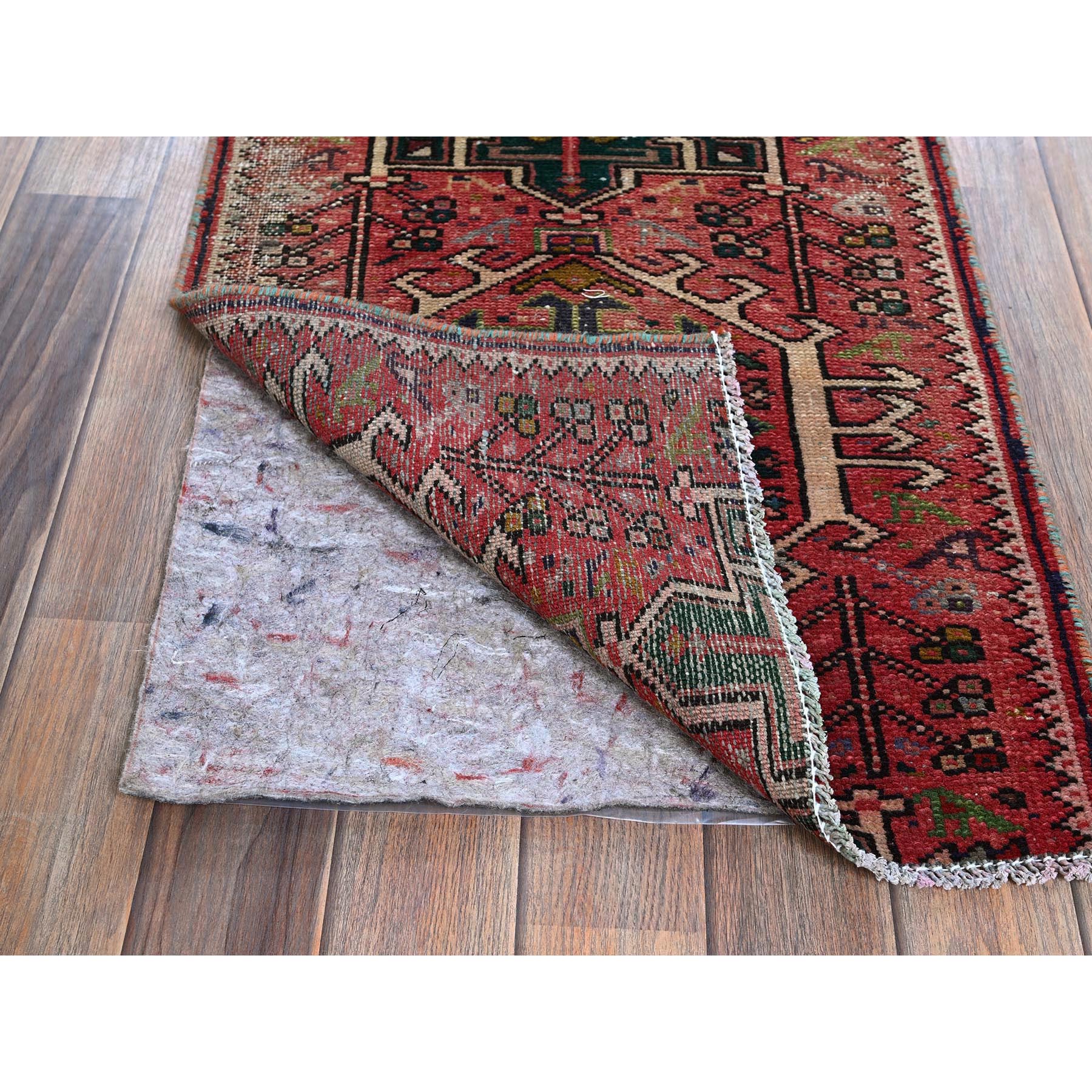 1'10"x4'2" Blush Red, Vintage Persian Karajeh Heriz with Geometric Medallions, Abrash, Sheared Low, Zero Pile, Evenly Worn, Sides and Ends Professionally Secured, Clean, Hand Knotted, Pure Wool, Fragment, Short & Narrow Runner, Oriental Rug Sh974