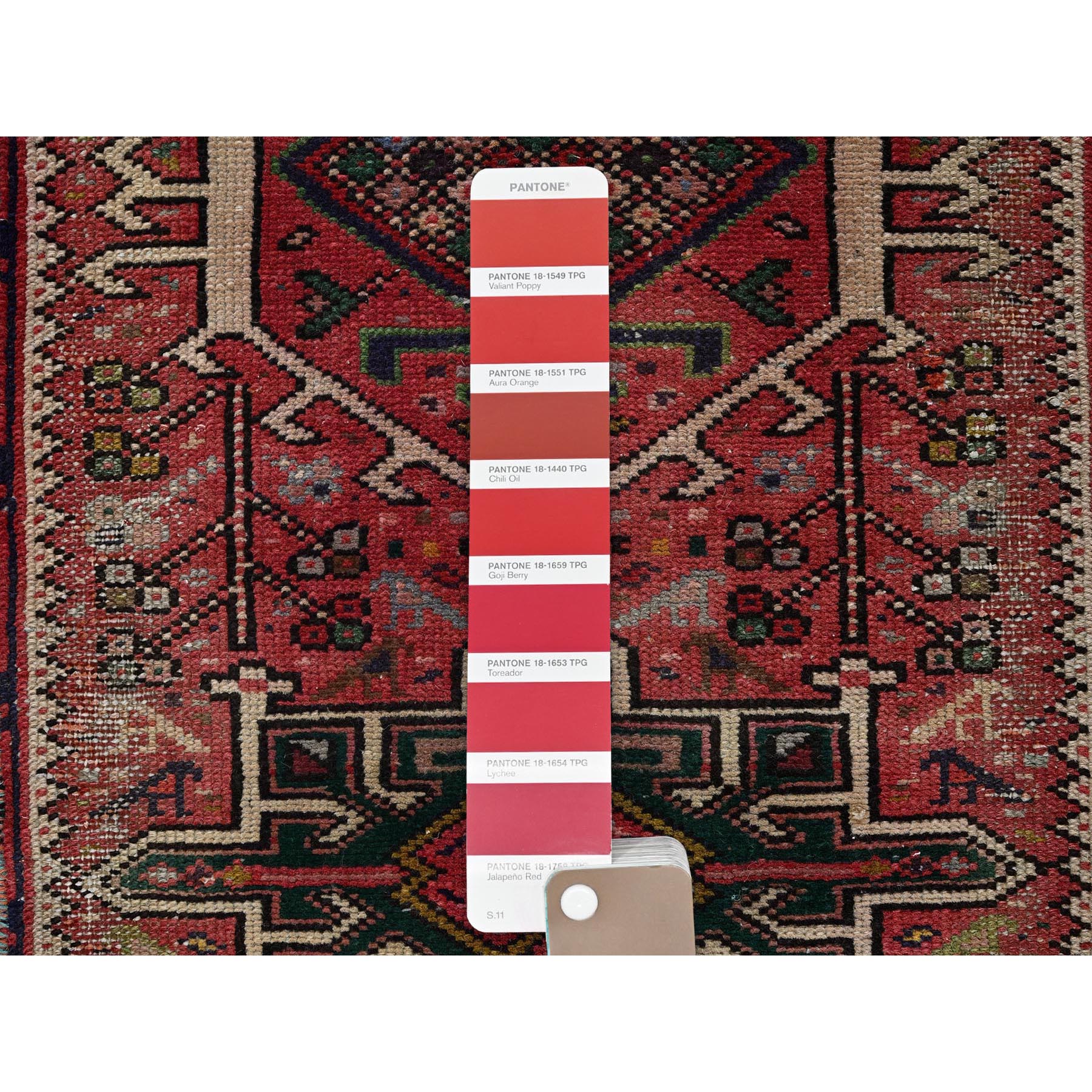 1'10"x4'2" Blush Red, Vintage Persian Karajeh Heriz with Geometric Medallions, Abrash, Sheared Low, Zero Pile, Evenly Worn, Sides and Ends Professionally Secured, Clean, Hand Knotted, Pure Wool, Fragment, Short & Narrow Runner, Oriental Rug Sh974
