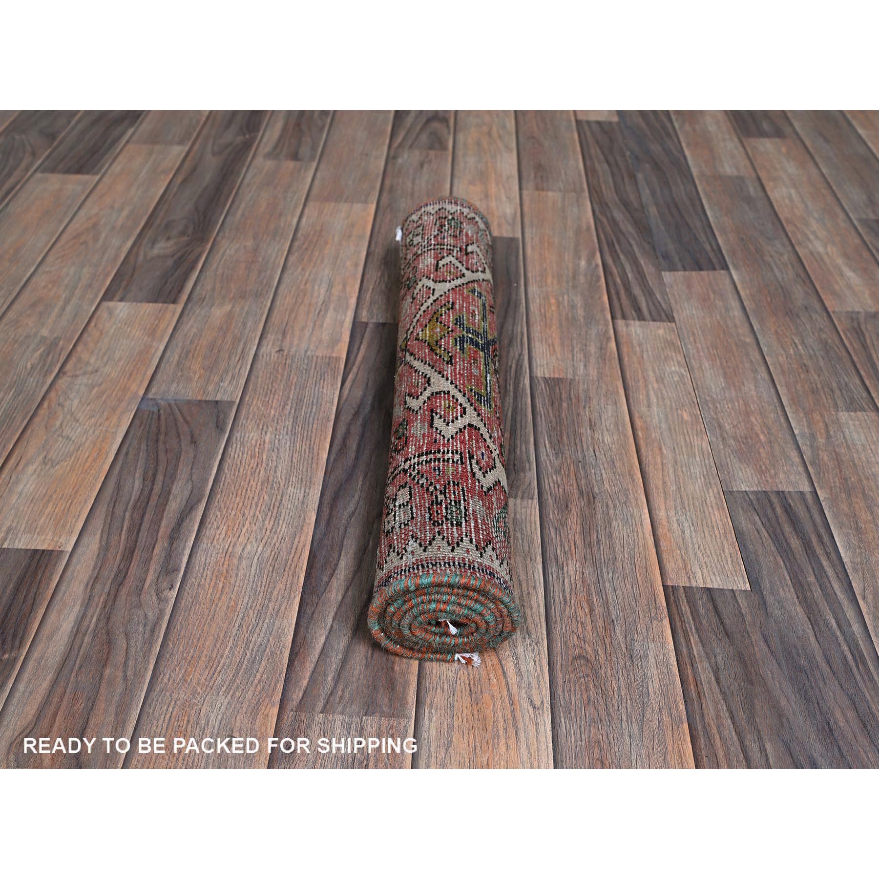 1'10"x4'2" Blush Red, Vintage Persian Karajeh Heriz with Geometric Medallions, Abrash, Sheared Low, Zero Pile, Evenly Worn, Sides and Ends Professionally Secured, Clean, Hand Knotted, Pure Wool, Fragment, Short & Narrow Runner, Oriental Rug Sh974