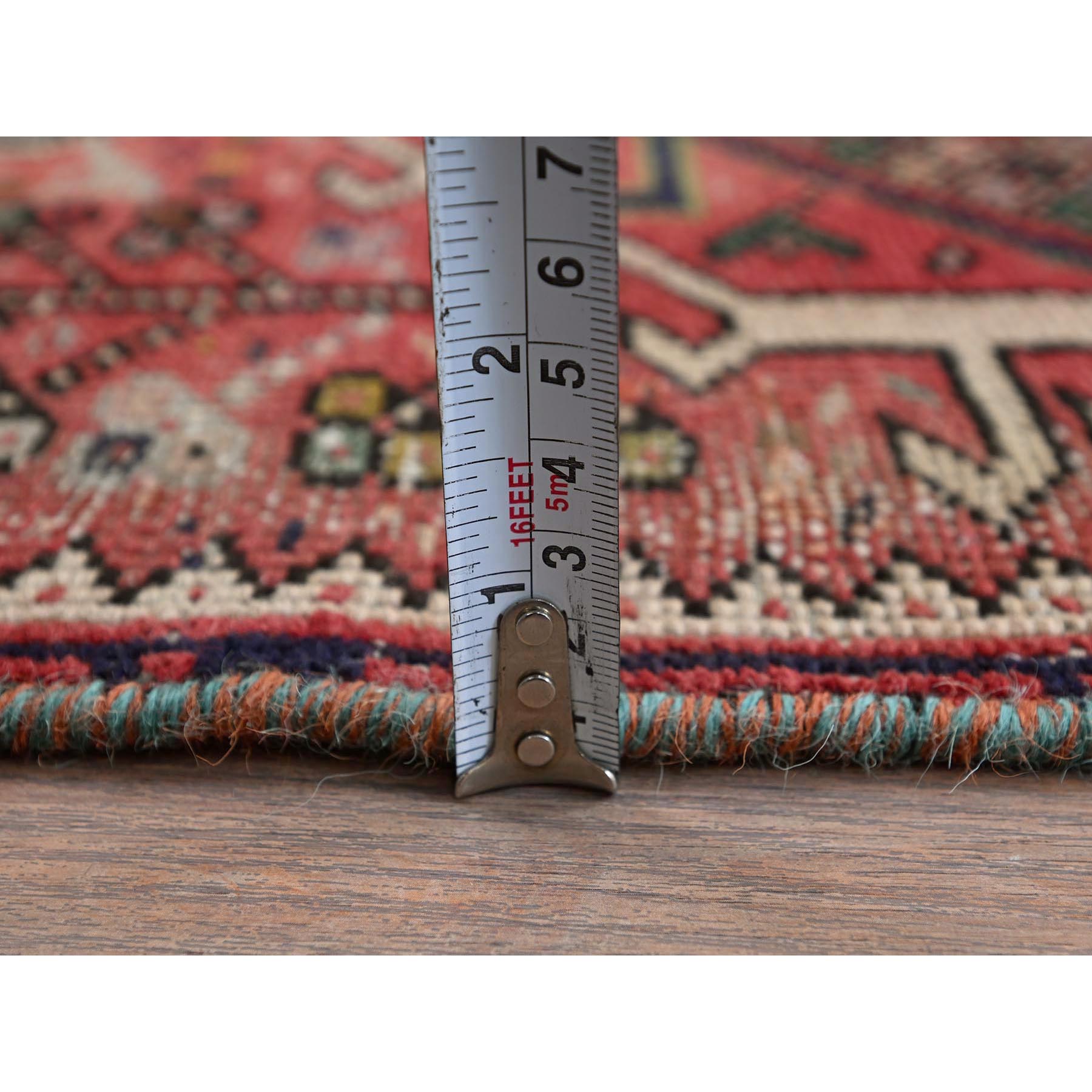 1'10"x4'2" Blush Red, Vintage Persian Karajeh Heriz with Geometric Medallions, Abrash, Sheared Low, Zero Pile, Evenly Worn, Sides and Ends Professionally Secured, Clean, Hand Knotted, Pure Wool, Fragment, Short & Narrow Runner, Oriental Rug Sh974