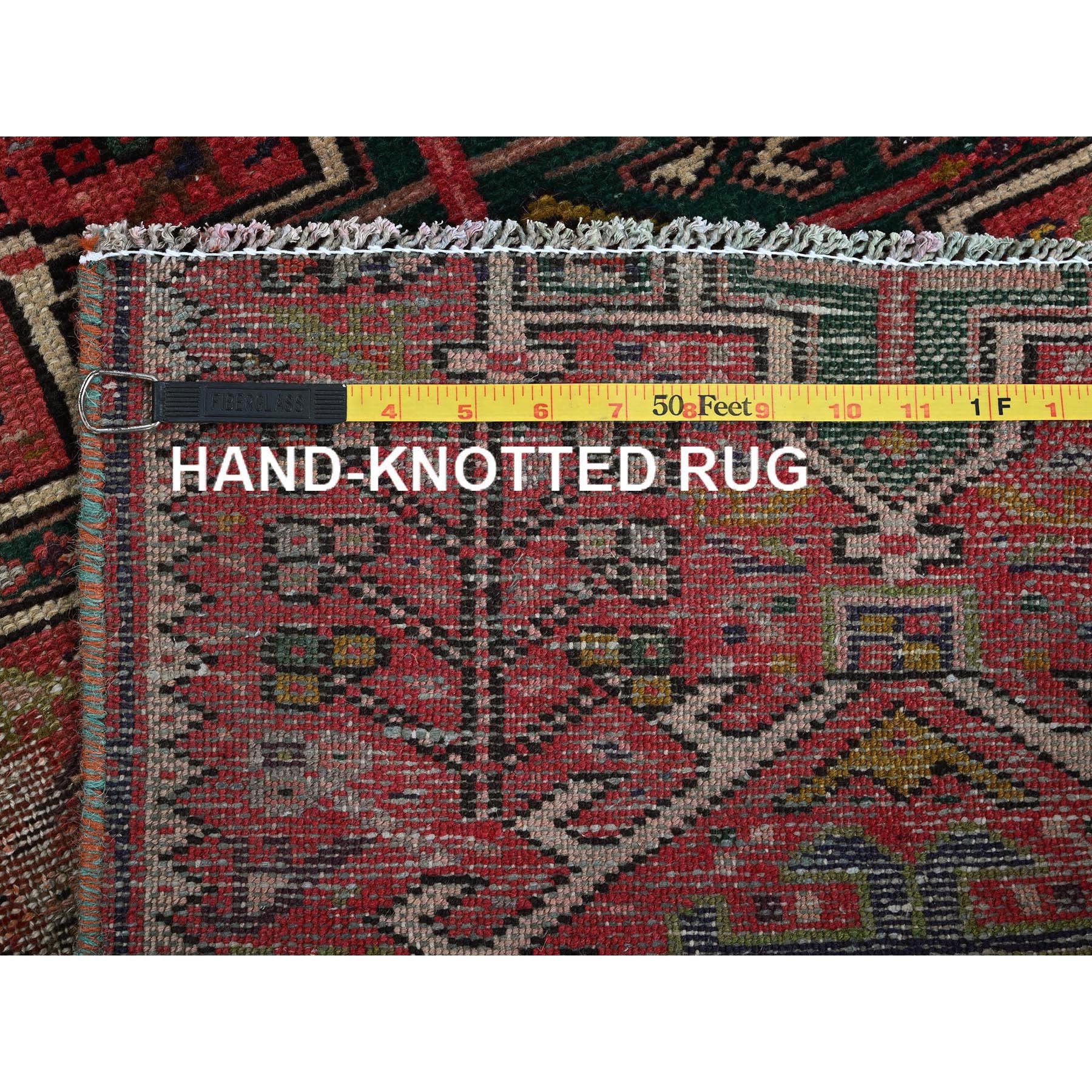 1'10"x4'2" Blush Red, Vintage Persian Karajeh Heriz with Geometric Medallions, Abrash, Sheared Low, Zero Pile, Evenly Worn, Sides and Ends Professionally Secured, Clean, Hand Knotted, Pure Wool, Fragment, Short & Narrow Runner, Oriental Rug Sh974