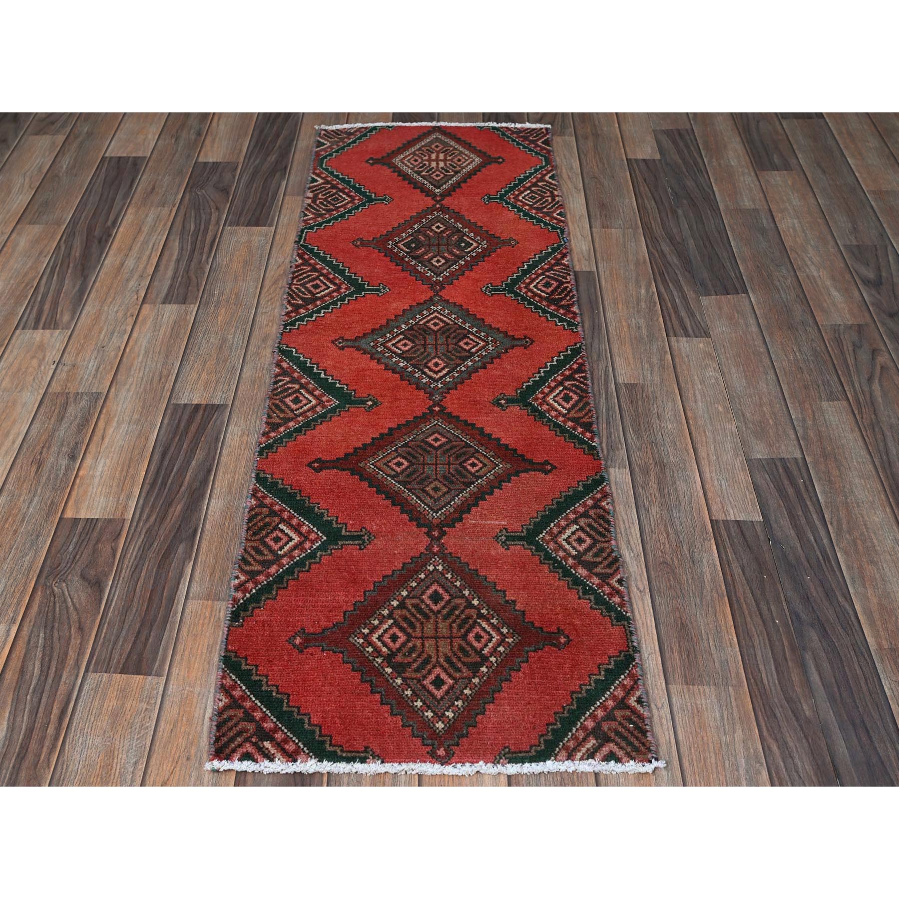1'7"x4'9" Prismatic Red, Vintage Persian Hamadan with Serrated Geometric Medallions, Borderless, Cropped Thin, Zero Pile, Sides and Ends Professionally Secured, Hand Knotted, 100% Wool, Fragment, Short & Narrow Runner, Oriental Rug Sh977