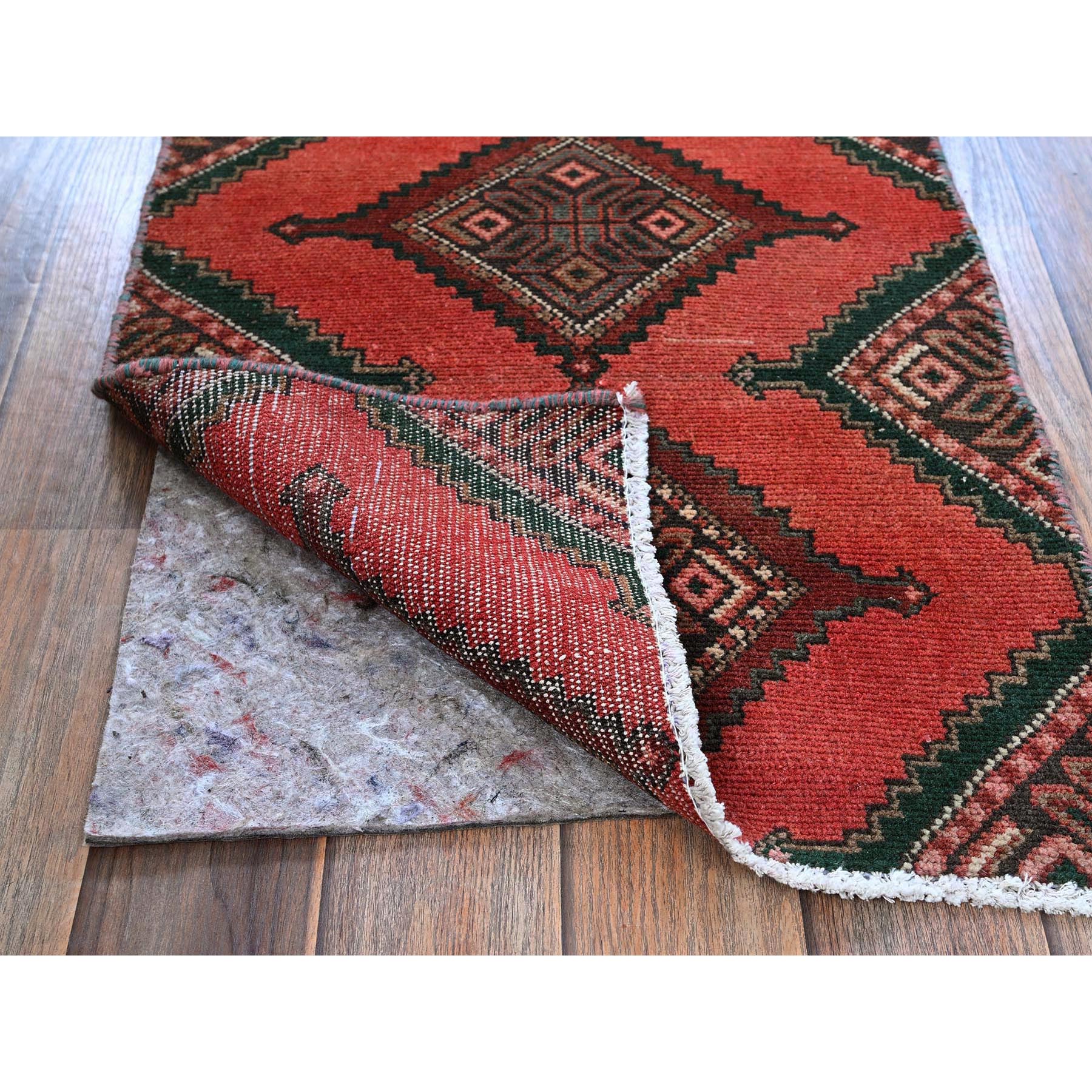 1'7"x4'9" Prismatic Red, Vintage Persian Hamadan with Serrated Geometric Medallions, Borderless, Cropped Thin, Zero Pile, Sides and Ends Professionally Secured, Hand Knotted, 100% Wool, Fragment, Short & Narrow Runner, Oriental Rug Sh977