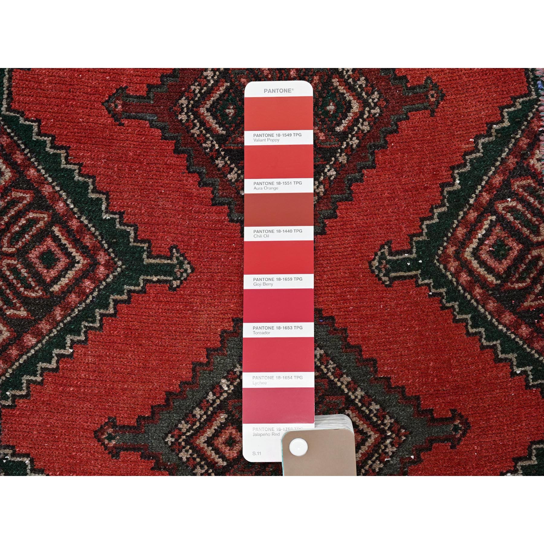 1'7"x4'9" Prismatic Red, Vintage Persian Hamadan with Serrated Geometric Medallions, Borderless, Cropped Thin, Zero Pile, Sides and Ends Professionally Secured, Hand Knotted, 100% Wool, Fragment, Short & Narrow Runner, Oriental Rug Sh977