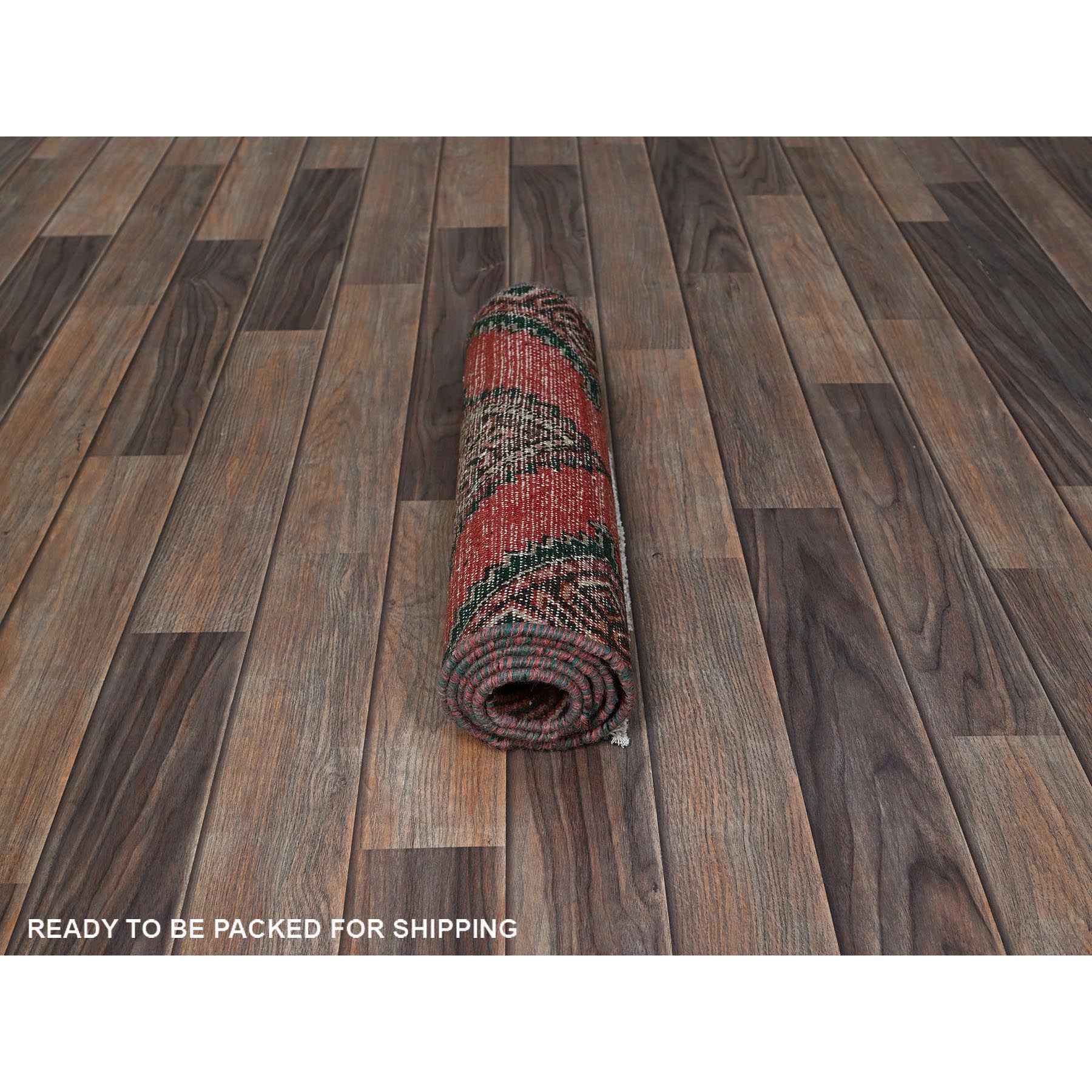 1'7"x4'9" Prismatic Red, Vintage Persian Hamadan with Serrated Geometric Medallions, Borderless, Cropped Thin, Zero Pile, Sides and Ends Professionally Secured, Hand Knotted, 100% Wool, Fragment, Short & Narrow Runner, Oriental Rug Sh977