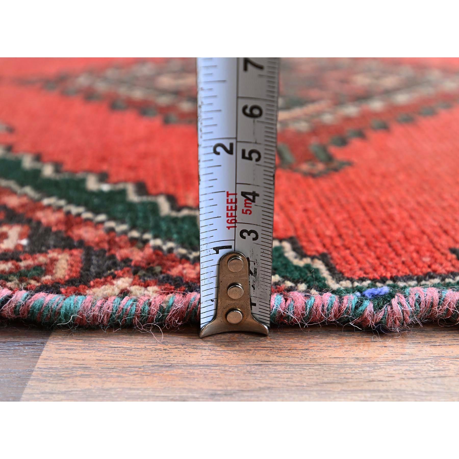 1'7"x4'9" Prismatic Red, Vintage Persian Hamadan with Serrated Geometric Medallions, Borderless, Cropped Thin, Zero Pile, Sides and Ends Professionally Secured, Hand Knotted, 100% Wool, Fragment, Short & Narrow Runner, Oriental Rug Sh977