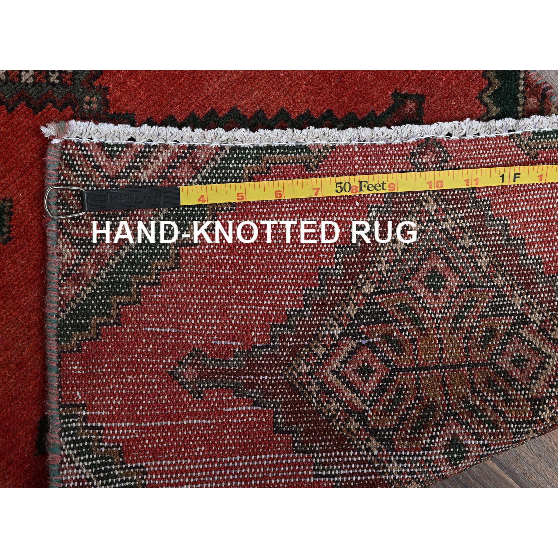 1'7"x4'9" Prismatic Red, Vintage Persian Hamadan with Serrated Geometric Medallions, Borderless, Cropped Thin, Zero Pile, Sides and Ends Professionally Secured, Hand Knotted, 100% Wool, Fragment, Short & Narrow Runner, Oriental Rug Sh977