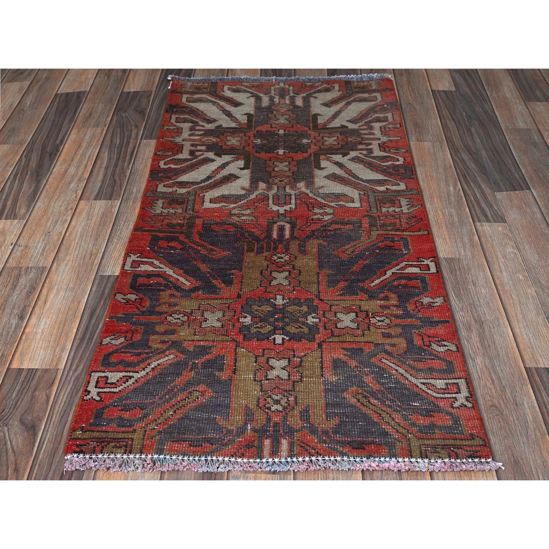2'x3'10" Crimson Red, Vintage Northwest Persian with Eagle Kazak Design, Cropped Thin, Zero Pile, Sides and Ends Professionally Secured, Hand Knotted, 100% Wool, Fragment, Mat, Oriental Rug Sh978