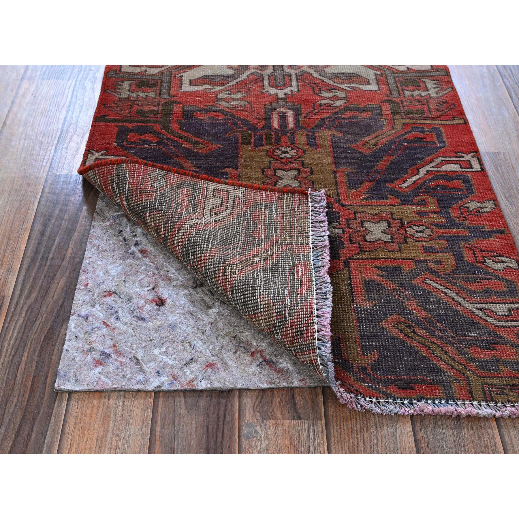 2'x3'10" Crimson Red, Vintage Northwest Persian with Eagle Kazak Design, Cropped Thin, Zero Pile, Sides and Ends Professionally Secured, Hand Knotted, 100% Wool, Fragment, Mat, Oriental Rug Sh978