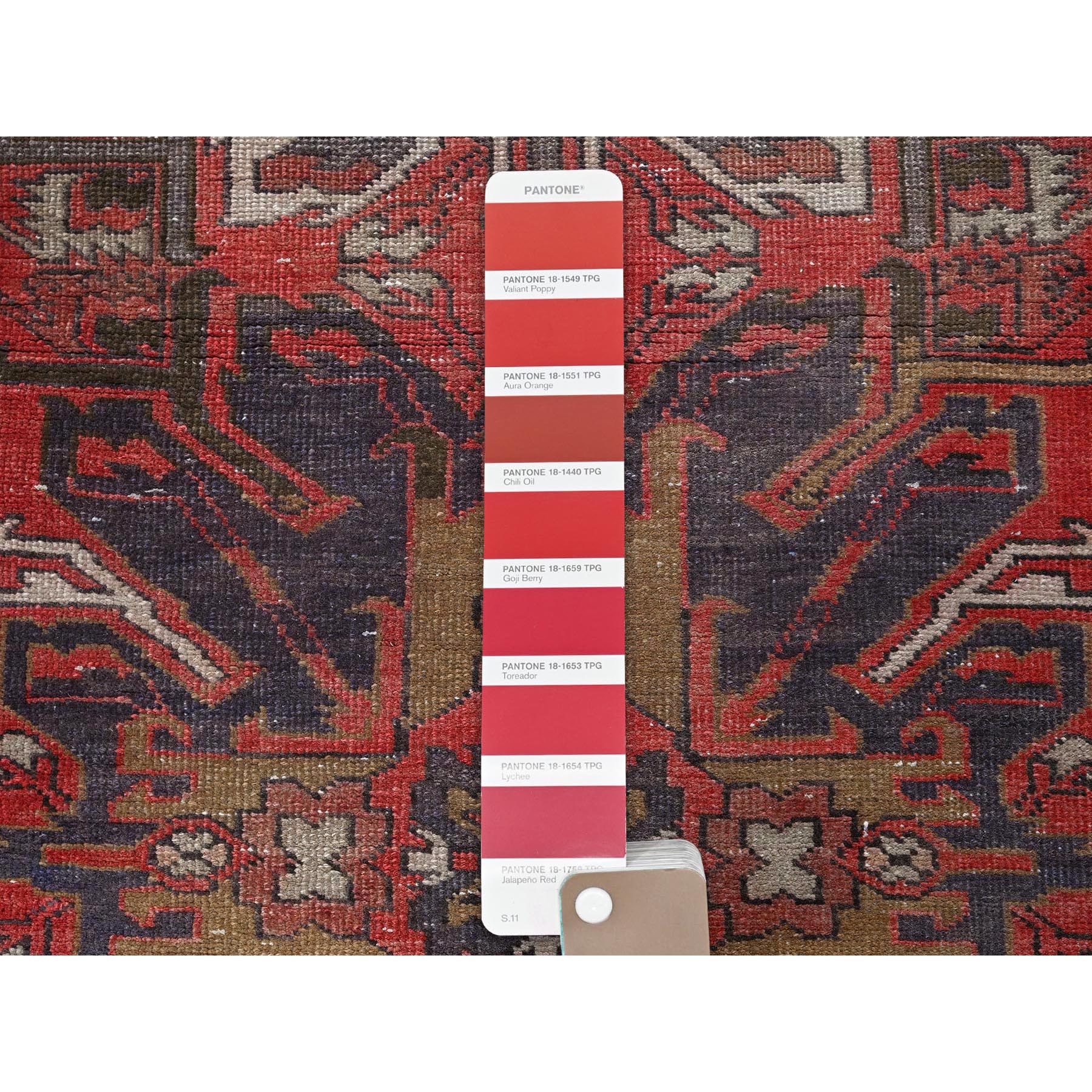 2'x3'10" Crimson Red, Vintage Northwest Persian with Eagle Kazak Design, Cropped Thin, Zero Pile, Sides and Ends Professionally Secured, Hand Knotted, 100% Wool, Fragment, Mat, Oriental Rug Sh978